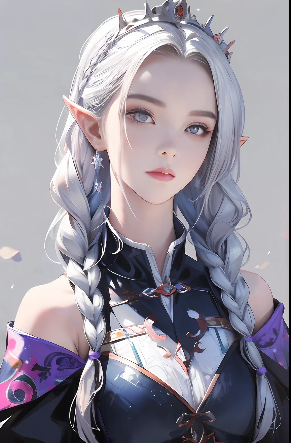 "Best Picture Quality,highly detailed,tmasterpiece,Super detailed realistic illustration,re:Emilia lives in another world from scratch,one-girl,white backgrounid,Simple background,Elaborate Eyes,Silvery hair,Purple eye,hair adornments,white offshoulder shirt,long whitr hair,pointy ears,Braided crown braids,face expressionless,hair straight,Sit Pose,sobu"