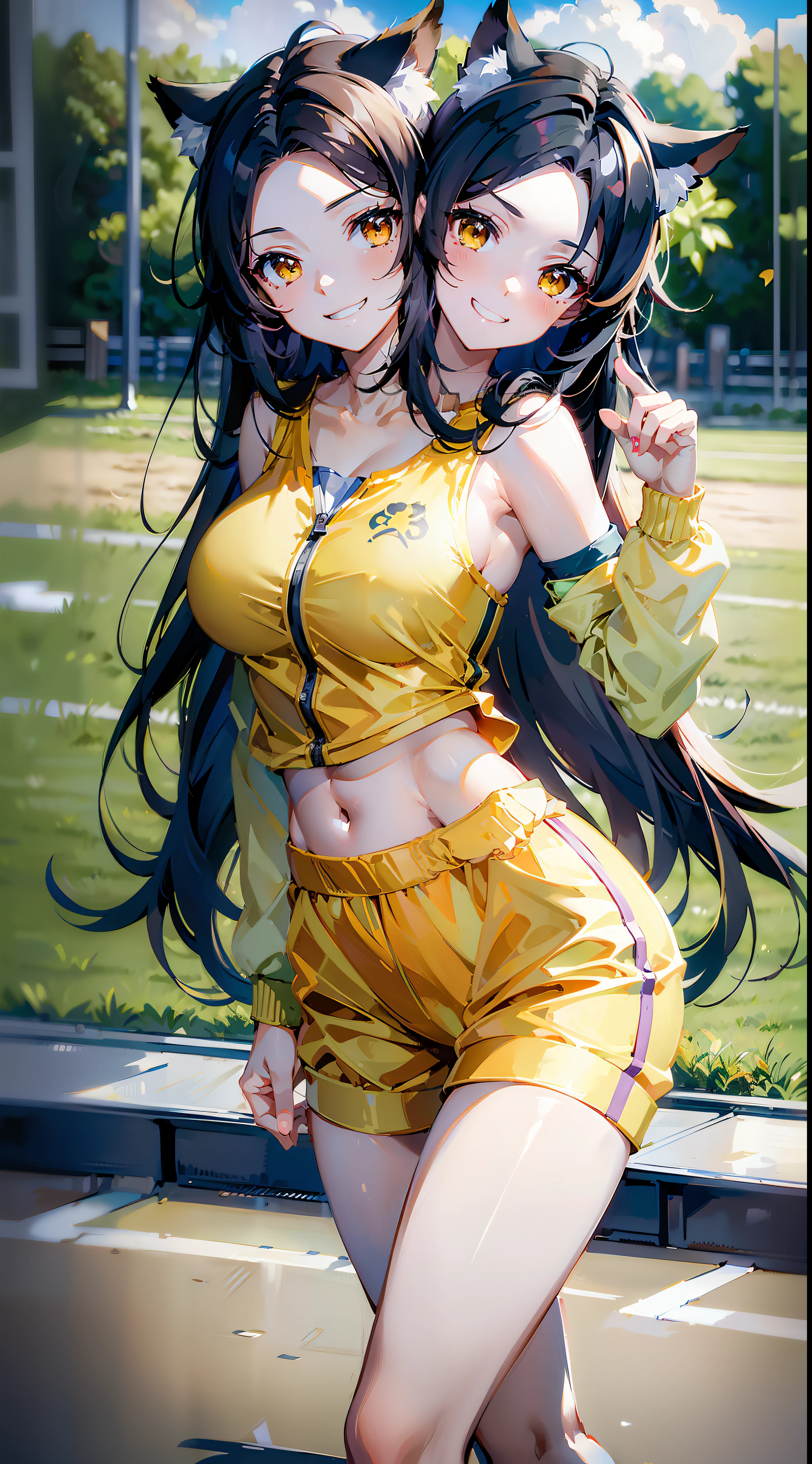 (masterpiece, best quality), best resolution, (2heads:1.5), anime girl with two heads, anime catgirl with two heads, cat ears, black hair, long hair, short hair, different hair lengths, brown eyes, asking "Which one of us is running first?" as a joke, giggling, smiling, pointing at herself, yellow tracksuit, casual pose, waist up shot, athletic track, athletic field