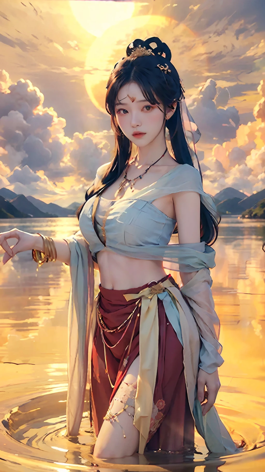 1girl with big breasts，calm expression，captivating eyes，Straight hair，Flowing skirt，A calm posture，Porcelain-like skin，Subtle blush，Crystal Pendant BREAK Prime Time，（edgelighting）：1.2，warm color palette，sun flares，gentle shadows，bright colours，painterly finish，Fantastic atmosphere BREAK scenic lake，distant mountain，Willow，Golden desert，glint，Sunlit clouds，sereneatmosphere，Idyllic sunsets，hyper detailed，officlal art，统一 8k 壁纸，zentangle，a Mandala