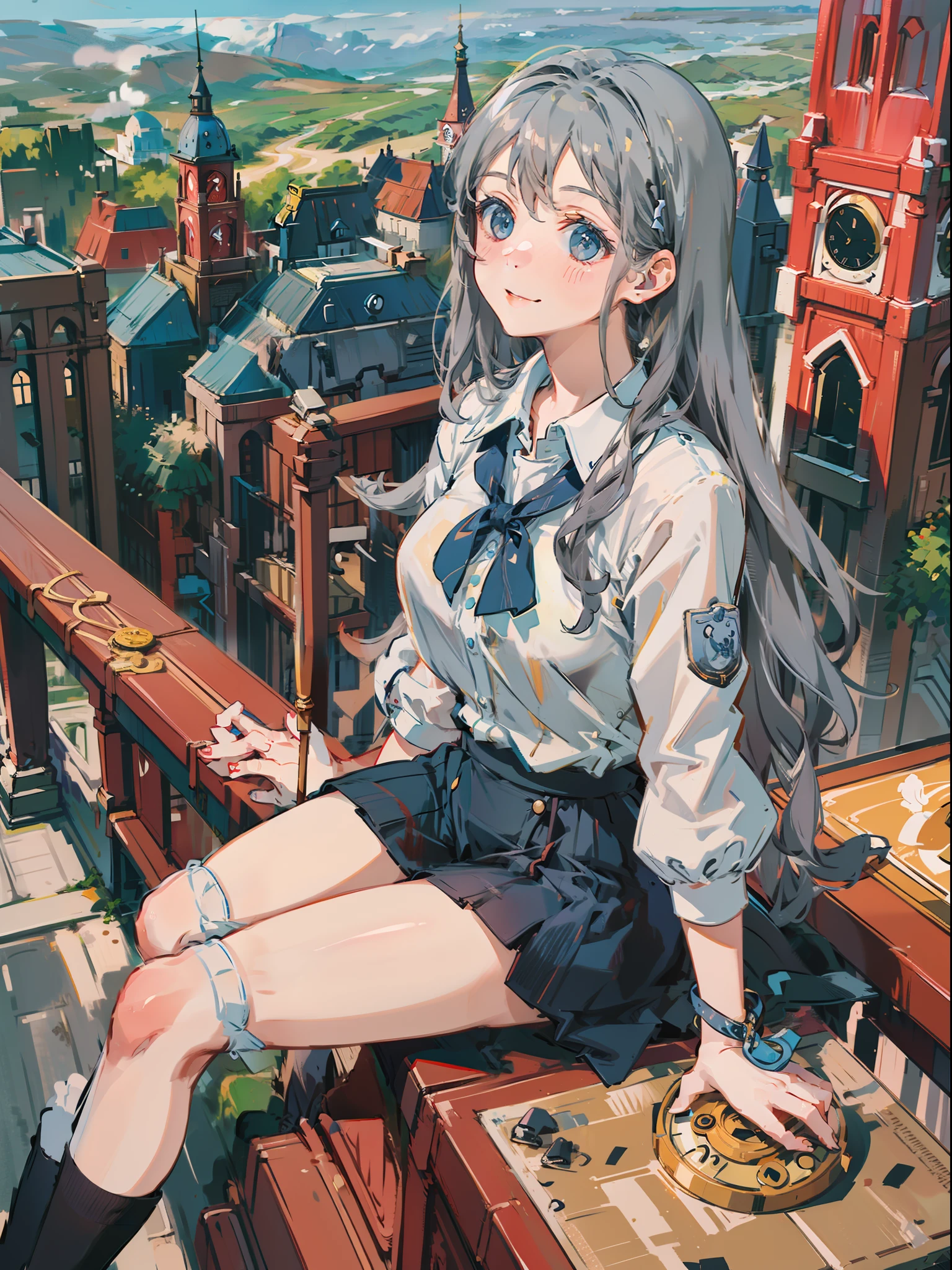 Very beautiful woman sitting by a big clock。Smiling。Composition looking down from above。Silver wavy hair。Cool clothes inspired by beautifully decorated workwear。overknee socks。Brick cityscape。vast blue sky。Dynamic composition with depth。Extremely high quality、high-level image quality、Extremely delicate drawing。Rarely seen workmanship