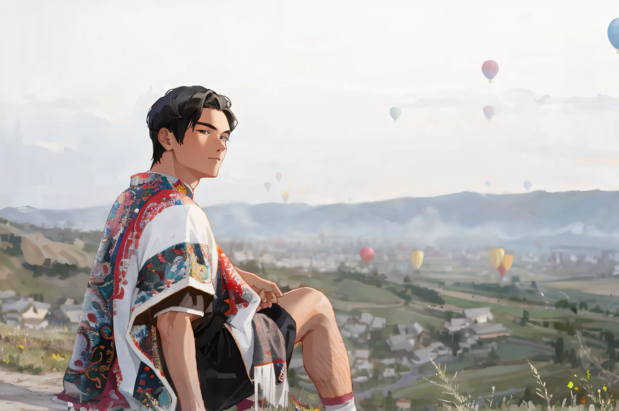 Anime style Chinese young man with hot air balloons and valleys in the background