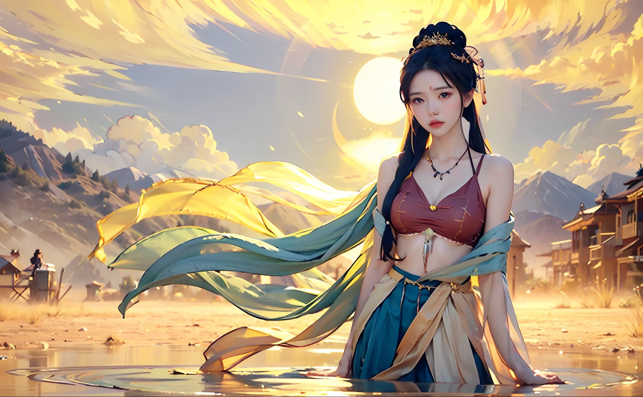1girl with big breasts,calm expression,captivating eyes,Straight hair,Flowing skirt,A calm posture,Porcelain-like skin,Subtle blush,Crystal Pendant BREAK Prime Time,(edgelighting):1.2,warm color palette,sun flares,gentle shadows,bright colours,painterly finish,Fantastic atmosphere BREAK scenic lake,distant mountain,Willow,Golden desert,glint,Sunlit clouds,sereneatmosphere,Idyllic sunsets,hyper detailed,officlal art,统一 8k 壁纸,zentangle,a Mandala