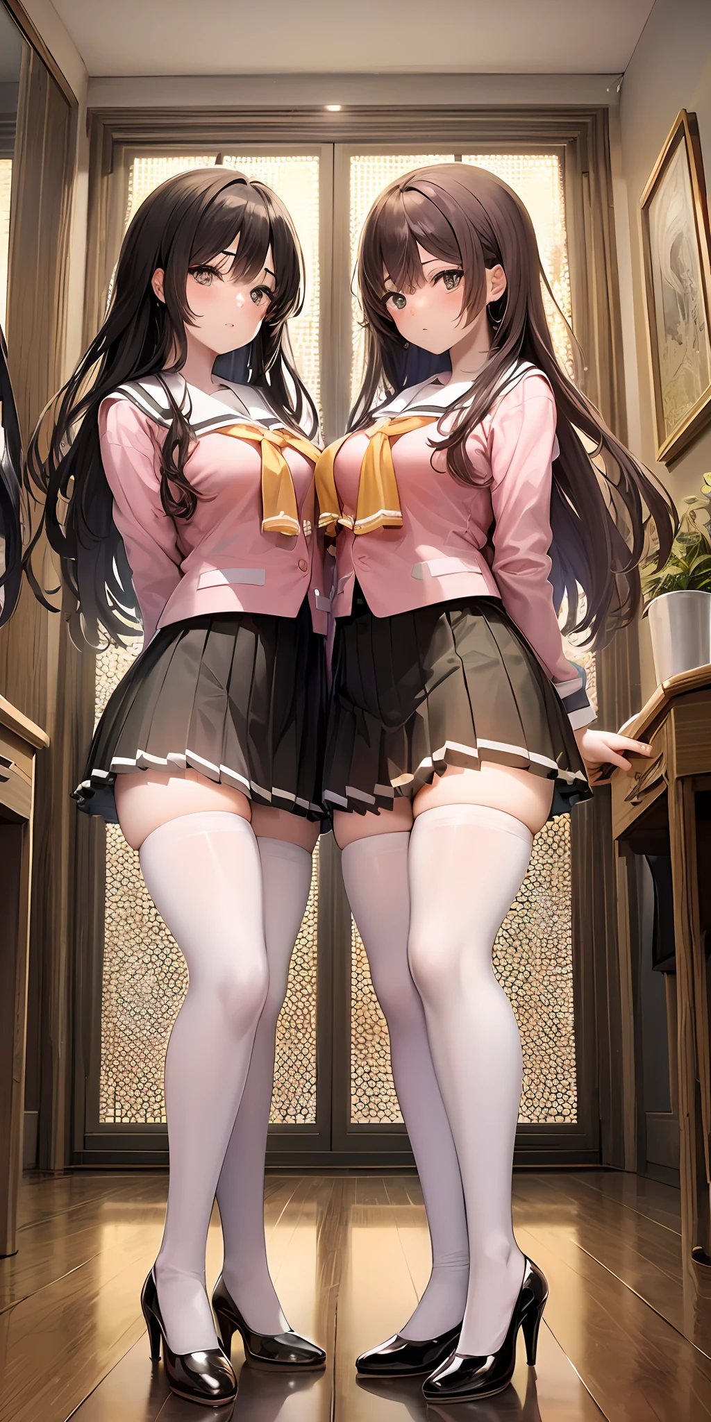 ((Masterpiece, highres)), 2girls, duo, twins, ((one brown haired girl, one blonde girl)), long hair, curly hair, matching hairstyles, different hair color, confident, elegant, rich girls, emotionless, arms at sides, straight backs, (((matching outfits, identical outfits, pink school uniforms, sexy school uniforms, white thighhighs, long white socks, black high heels))), standing at attention, shoulder to shoulder, same pose, mansion