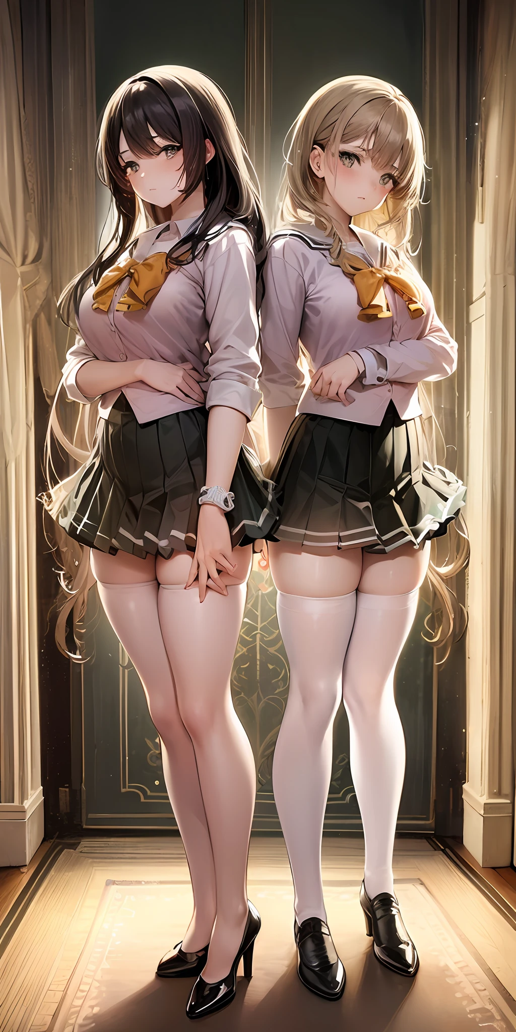 ((Masterpiece, highres)), 2girls, duo, twins, ((one brown haired girl, one blonde girl)), long hair, curly hair, matching hairstyles, different hair color, confident, elegant, rich girls, emotionless, arms at sides, straight backs, (((matching outfits, identical outfits, pink school uniforms, sexy school uniforms, white thighhighs, long white socks, black high heels))), standing at attention, shoulder to shoulder, same pose, mansion