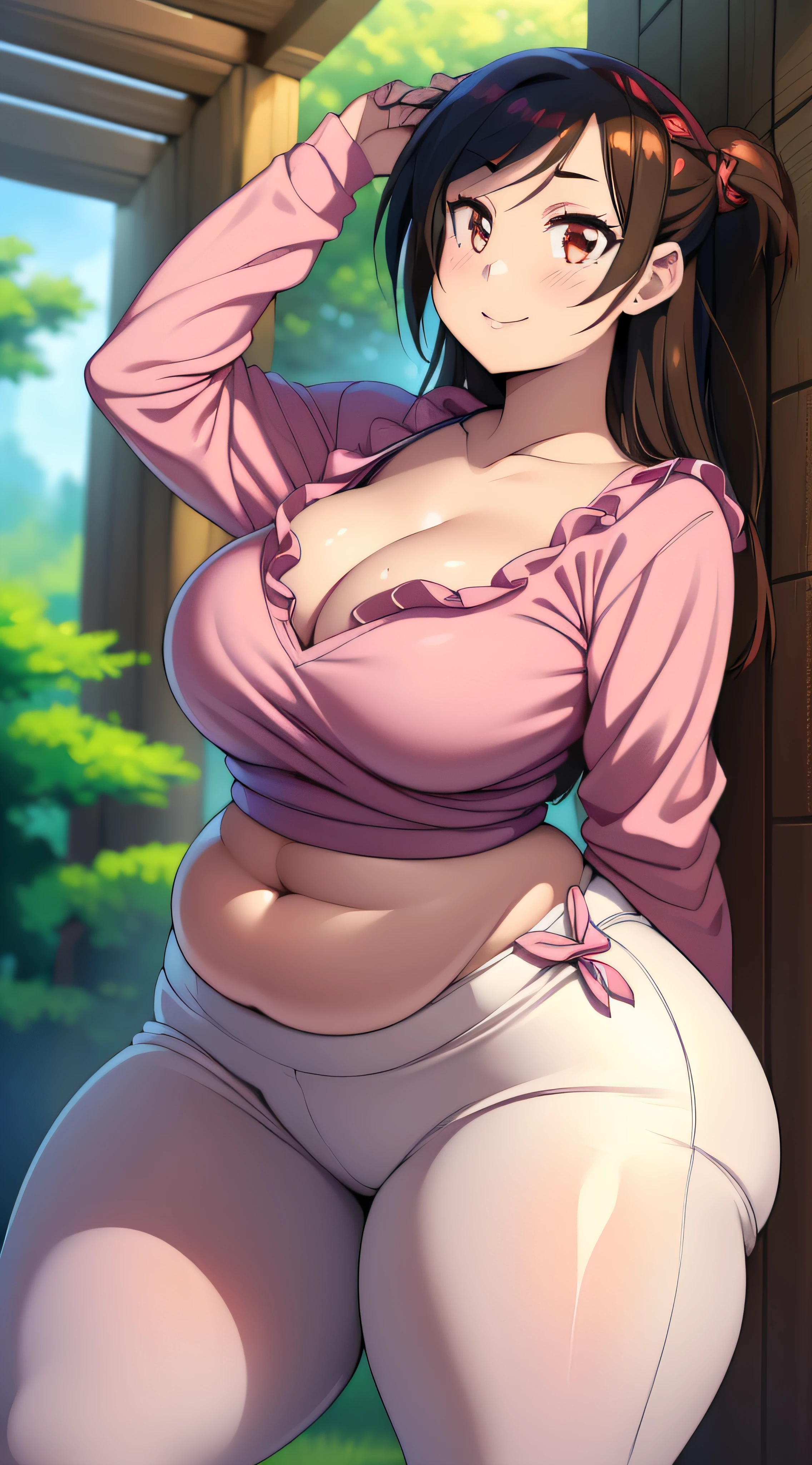 (((kipteitei art))), ((masterpiece)), (((best quality))), ((ultra-detailed)), (((illustration))), detailed face, detailed body, ((1girl)), ((solo)), (((chizuru))), ((tight clothes)), pink shirt, frilled shirt, ((white skirt)), outdoors, smile, fat ass, (wide hips), ((thick thighs)), pudgy belly, medium breasts, cleavage, perky breasts,