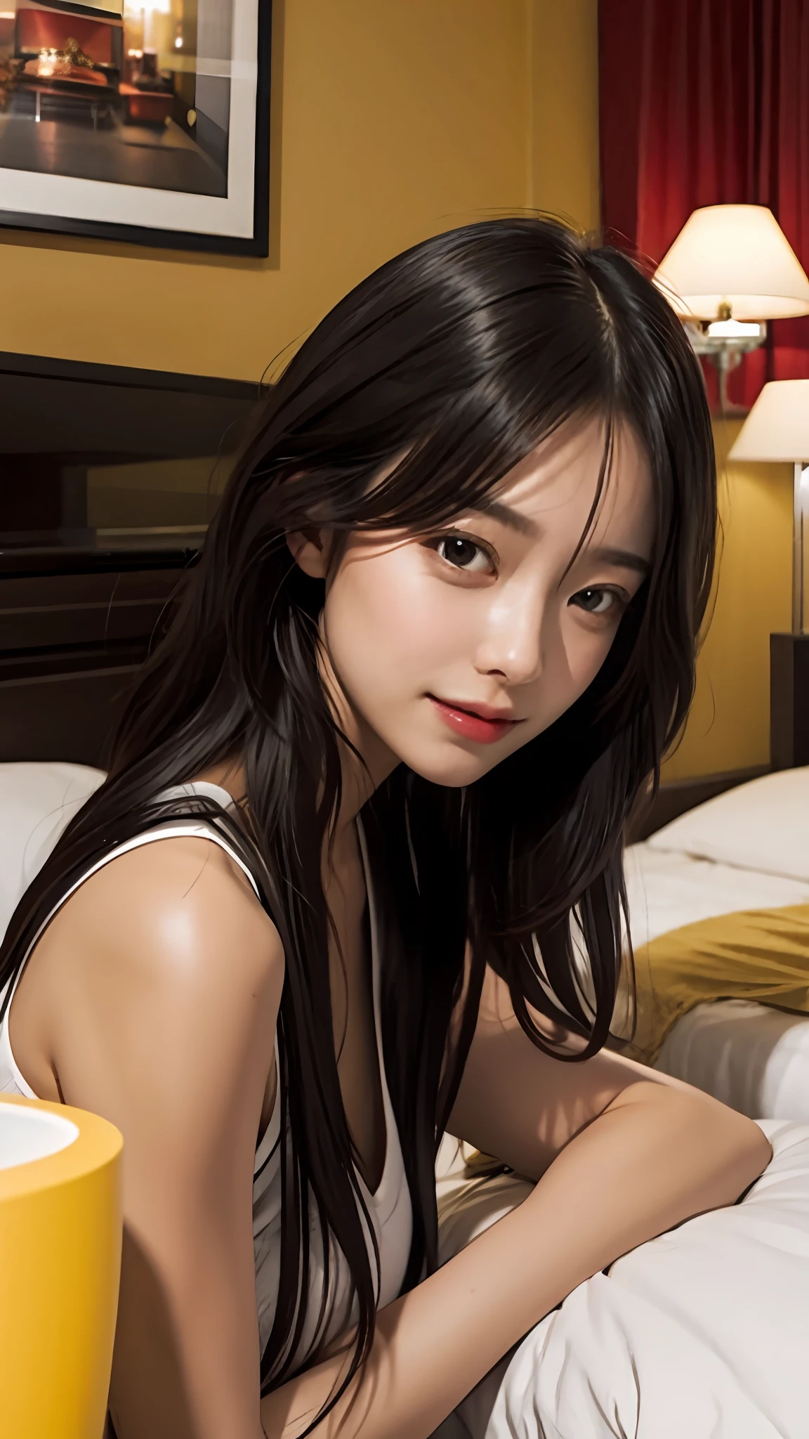 Girl in her 20s，cute little，Stay in a hotel bed，Looking here