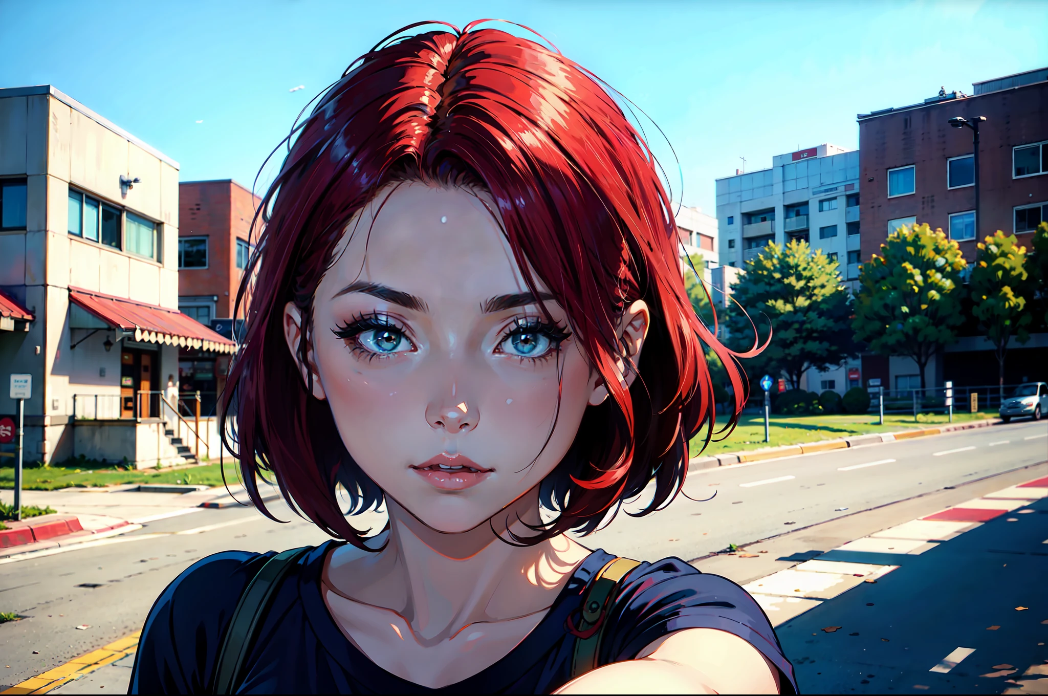 there is a young woman with a short hair and a blue shirt, a redheaded young woman, perfectly centered portrait, 7 0 mm portrait, red haired young woman, 4 k asymmetrical portrait, head centered portrait