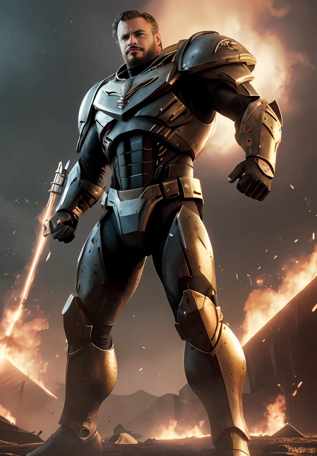 focus, hecavill, sks person,  closeup, action pose, dynamic angle,
(upper body:1.2), 
, night, solo, 1boy, full armor, battle-worn armor, bulky,  40k, lion'el, blonde hair, slickedback hair, facial scaring, old,  ruins, battle field,
[(
slow motion, motion blur, dynamic, 
Cinematic film still, sparks,  battle field, 
((Best quality)), 
8K RAW, 
ravishing, (vivid bright colors:1.3), vibrant,  best quality,
 8k, artstation, 
by Esaias van de Velde, Cagnaccio di San Pietro, Warwick , Theo van Rysselberghe, negative space, colorgraded, Cinematic film still, analog style, RAW photo, hyper real photo, ultrarealistic , 8k uhd, dslr, soft lighting, high quality, film grain 50mm lens,  colorgraded, volumetric lighting, volumetric fog,  absurdres, , realistic,  Cinematic composition, 
back lighting,
):8]