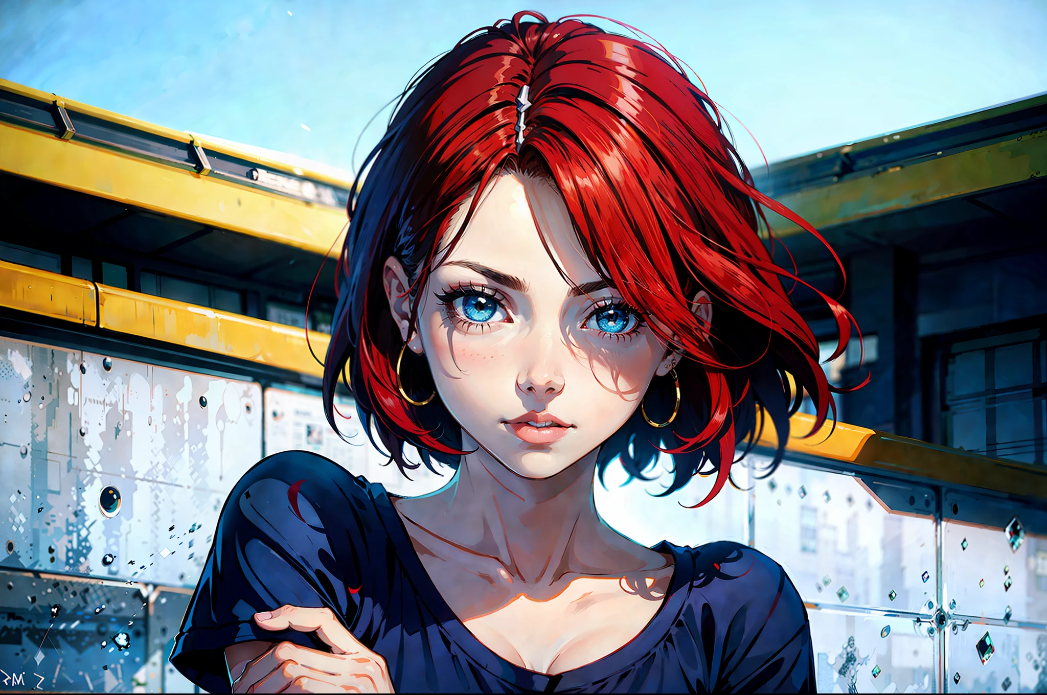 there is a young woman with a short hair and a blue shirt, a redheaded young woman, perfectly centered portrait, 7 0 mm portrait, red haired young woman, 4 k asymmetrical portrait, head centered portrait
