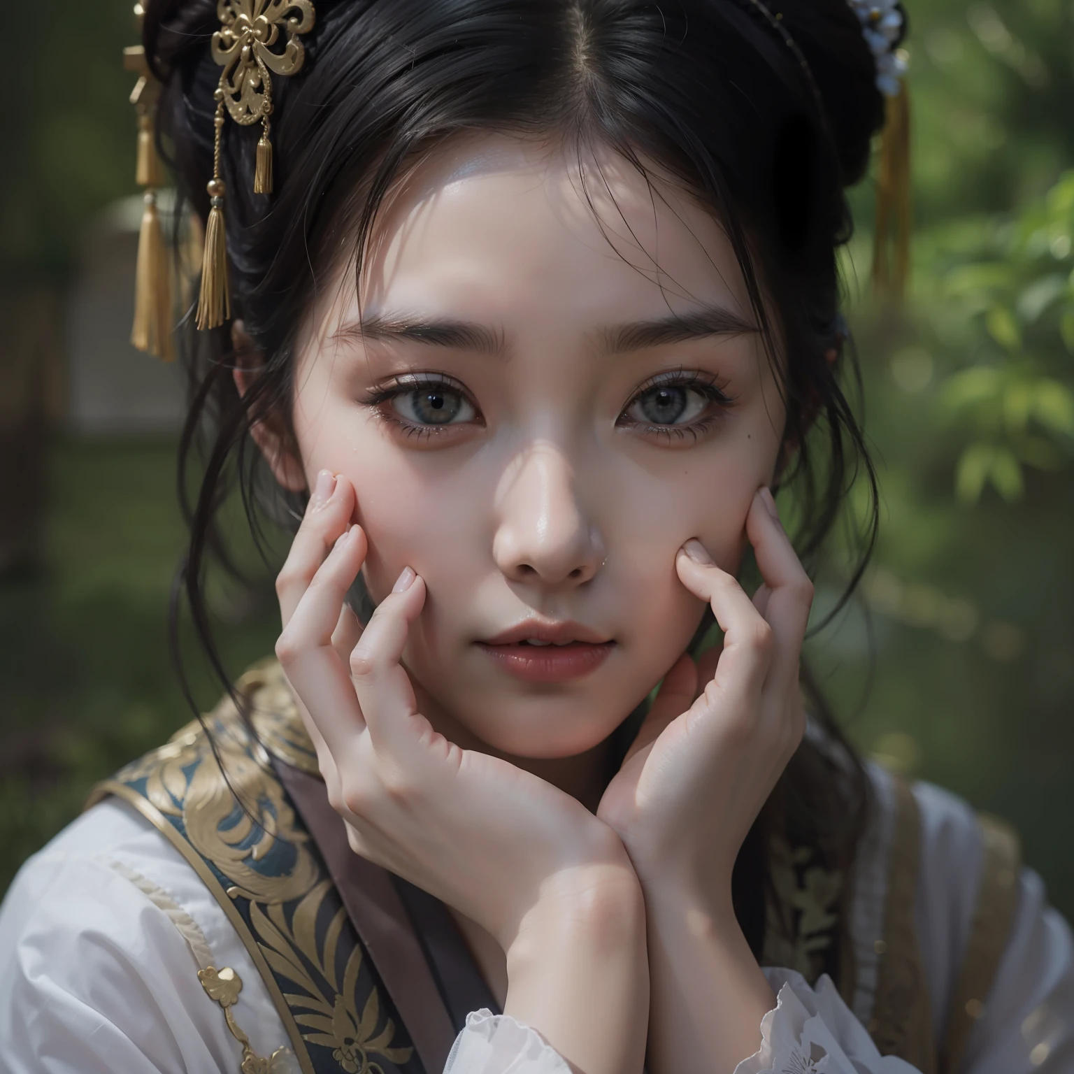 A classical Chinese girl holds her face in her hands,looks into camera,closeup cleavage