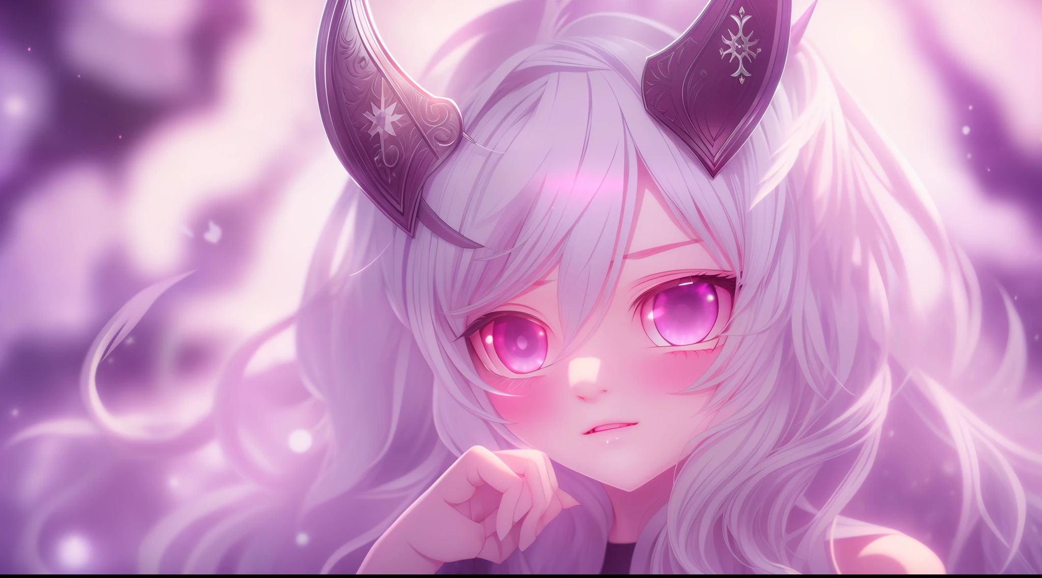 silver hair, ahoge, long hair, demon horns, snowflake hair ornament, heart-shaped pupils, oral invitation, evil, light blush, torogao, high detail, chiaroscuro, UHD, textured skin, best quality, highres, high details, super detail,femele