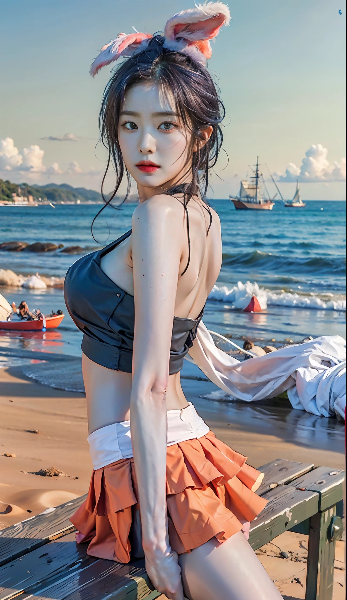(ulzzang-6500-v1.1:0.67)(raw photo:1.2),((photorealistic:1.4))best quality ,masterpiece, illustration, an extremely delicate and beautiful, extremely detailed ,CG ,unity ,8k wallpaper, Amazing, finely detail, masterpiece,best quality,official art,extremely detailed CG unity 8k wallpaper,absurdres, incredibly absurdres, huge filesize, ultra-detailed, highres, extremely detailed,beautiful detailed girl, extremely detailed eyes and face, beautiful detailed eyes,light on face,cinematic lighting,1girl,looking at viewer, purple hair,rabbit ears, eyewear on head, tied shirt, midriff,(orange skirt),thigh strap,arms behind back,sitting, blue sky,ocean,bench,