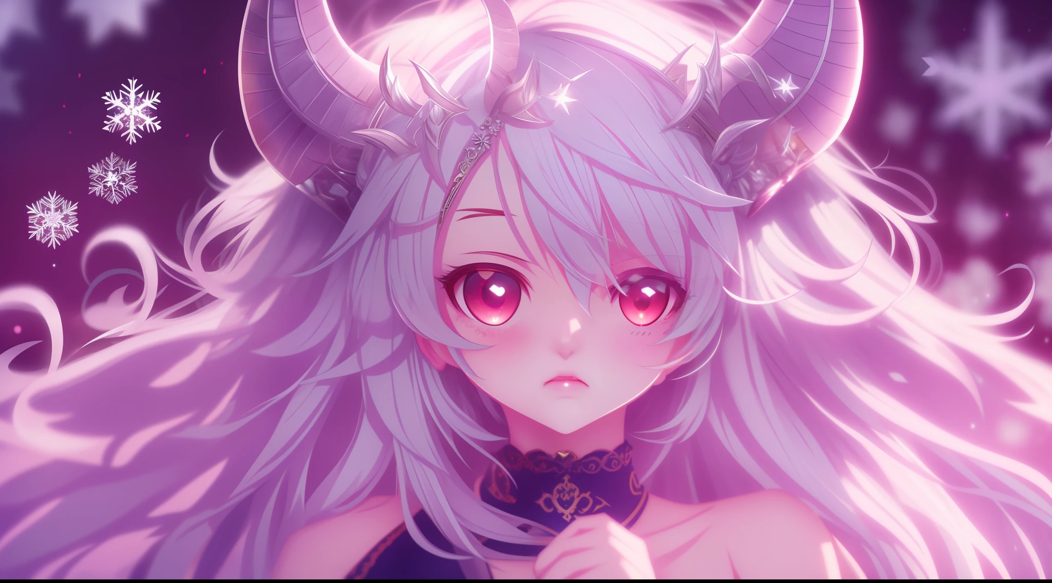 silver hair, ahoge, long hair, demon horns, snowflake hair ornament, heart-shaped pupils, oral invitation, evil, light blush, torogao, high detail, chiaroscuro, UHD, textured skin, best quality, highres, high details, super detail,femele