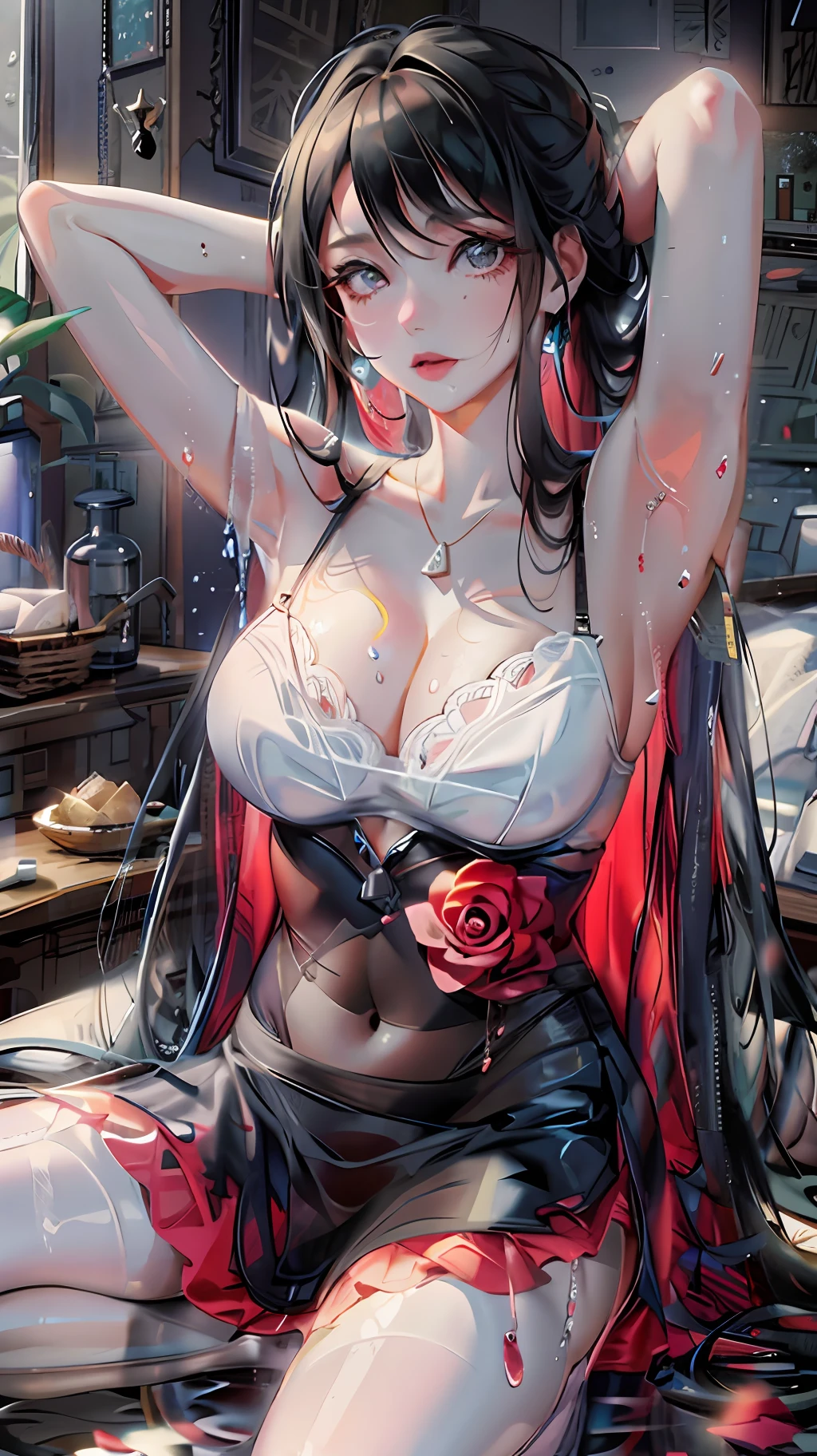 Highest image quality,4K,Professional lenses,Anime girl sitting on bed,Long black hair and white top, seductive anime girls, beautiful and seductive anime woman, Guviz, Extremely detailed Artgerm, There is a puddle of viscous liquid between the legs,There is a layer of white translucent mucus on the ,There is a lot of white translucent liquid on the legs and arms, and hands,Clothing soaked in an oily liquid,Torn clothes,A large amount of saliva slipped from my mouth to my chest,,Burst underwear,legs separated,Soaked underwear is torn,A large amount of white fluid runs down the breastace-knit wrap skirt was torn,Reveals belly and white lace panties,Soaknslucent panties,A puddle of, Oily fluid on the breast,Soft white lace brirge amount of white liquid splashes on the breasstance,Greasy skin,sweatyskinpression enjoys lewdness