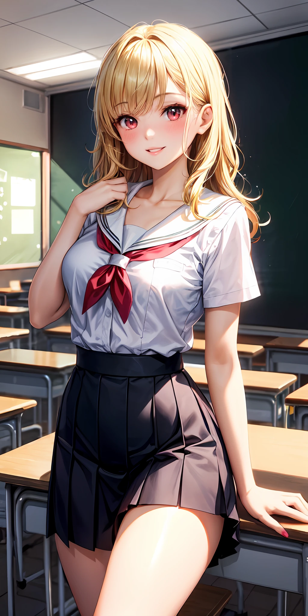 1girl, blonde hair, red eyes, parted lips, blush, makeup, light smile, school uniform, classroom, light rays, glow, thighs, collarbone, narrow waist, (masterpiece), wallpaper
