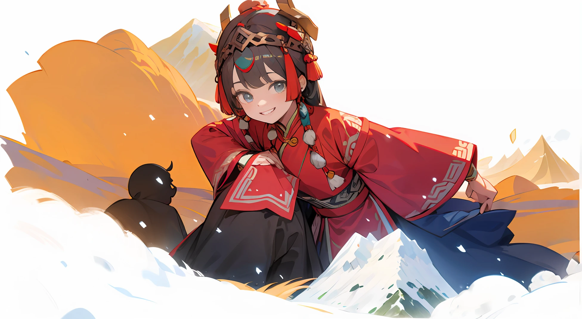 Tibetan girl,traditionalcostumes,head gear,Pattern,Bronze,The eye,wisdom,grin,Handicrafts,Craft skills,snow mountains,grassy fields,naturey