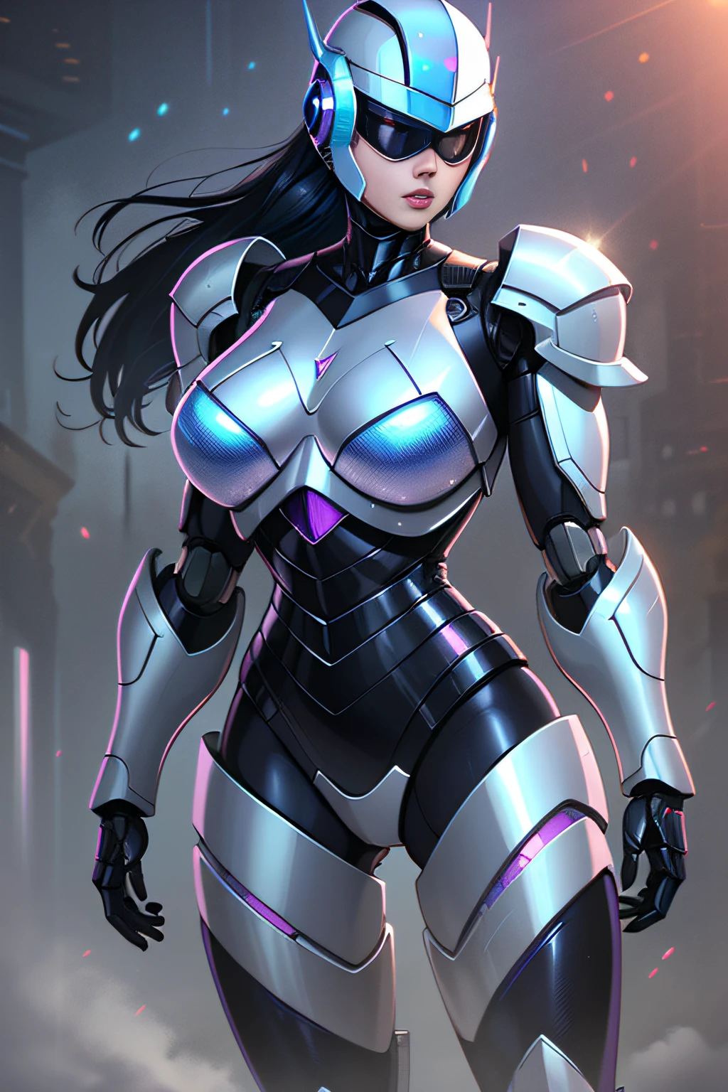 Female RoboCop、Armor that completely covers the whole body、very large chest-shaped chest armor,、Helmet to hide the eyes、Iridescent armor、Armor that completely covers the chest、Slender and long legs、Vibrant poses、full-body view