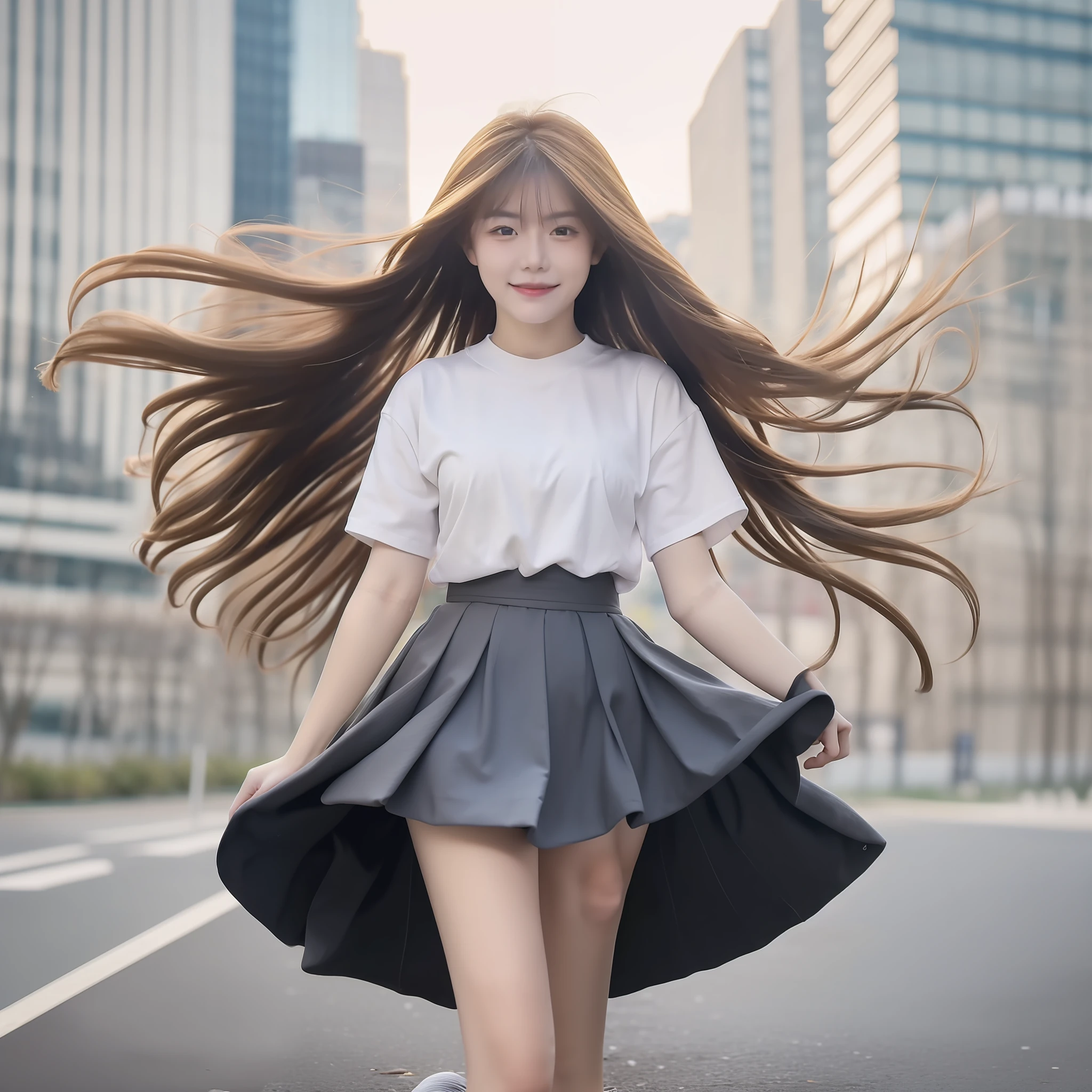 "(Best picture quality、A masterpice), white backgrounid, Ultra-thin paper，Sparkling, Beautiful and tasteful, The wind blew for a long time，ssmile, curly blond hair, Vivid and stunning，Scottish pleated skirt，Greater wind，The wind blows hair，Floating hair，Static clothes，Short sleeved bodice，extra very long hair，12 meters long hair，Hair grows to the floor，Correct limbs，fully body photo，standing on your feet，white short sleeve，Cross your hands at your waist，mid day，Sunnyday"
