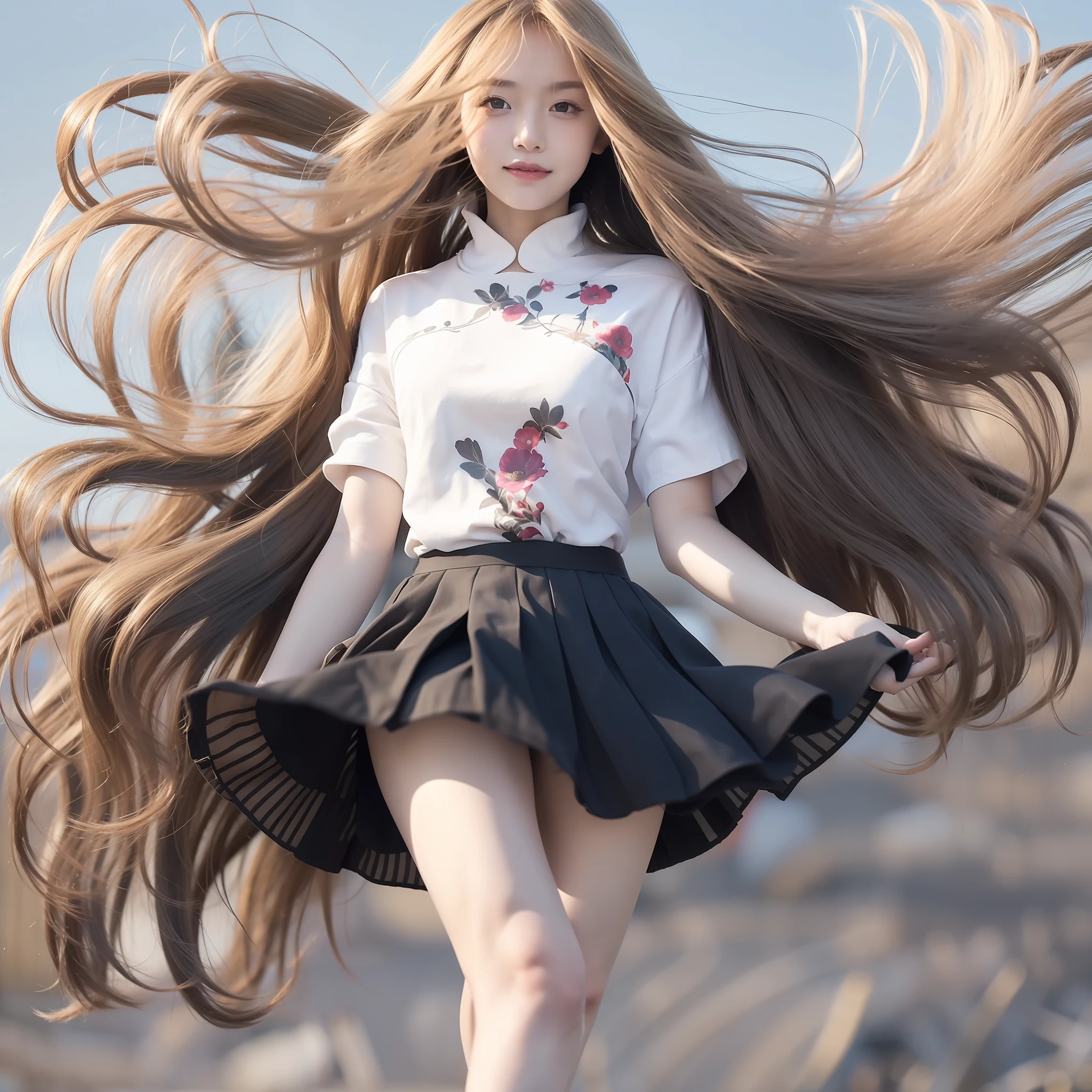 "(Best picture quality、A masterpice), white backgrounid, Ultra-thin paper,Sparkling, Beautiful and tasteful, The wind blew for a long time,ssmile, curly blond hair, Vivid and stunning,Scottish pleated skirt,Greater wind,The wind blows hair,Floating hair,Static clothes,Short sleeved bodice,extra very long hair,12 meters long hair,Hair grows to the floor,Correct limbs,fully body photo,standing on your feet,white short sleeve,Cross your hands at your waist,mid day,Sunnyday"