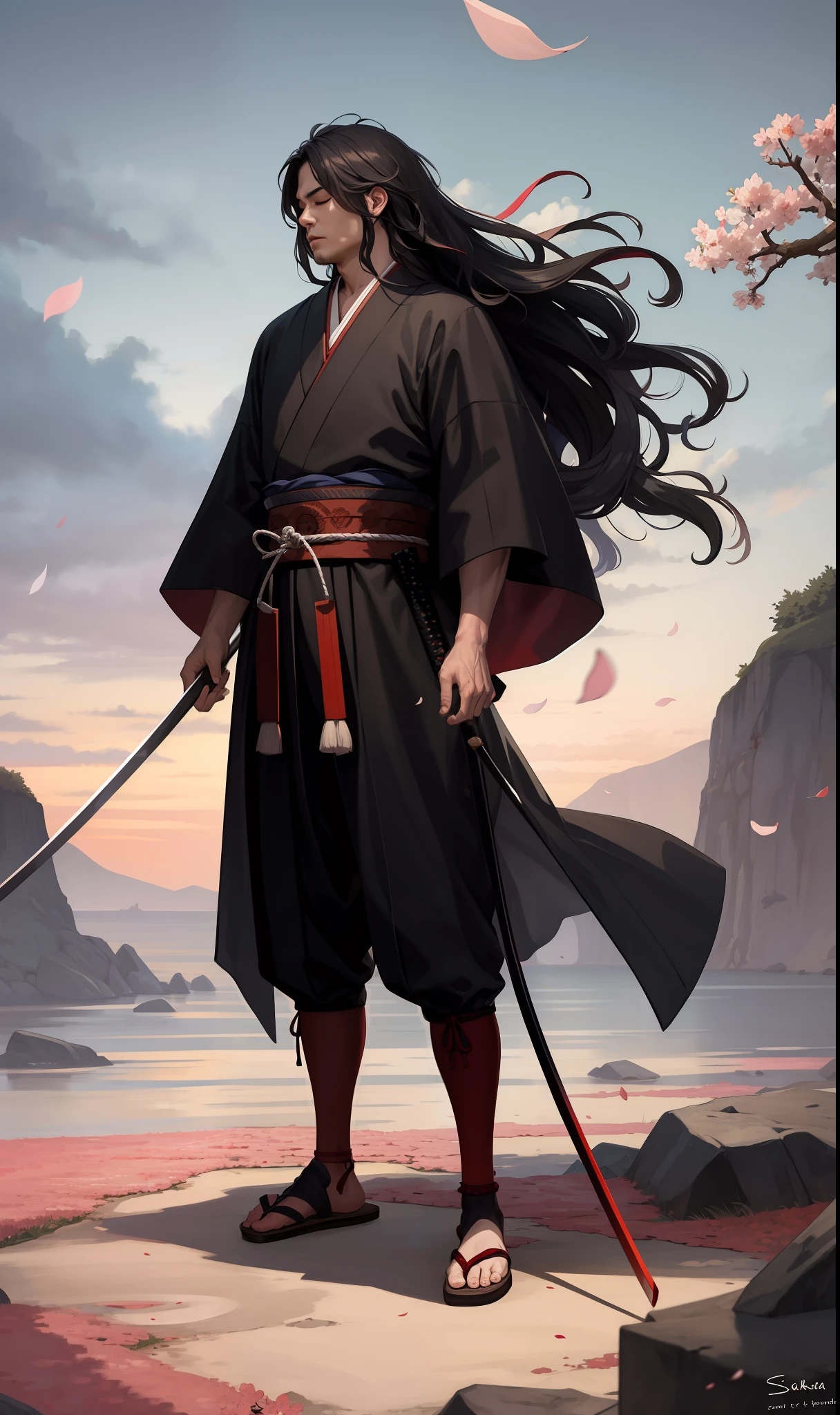 masterpiece, high quality, best quality, beautiful, hd, realistic, perfect lighting, detailed face, detailed body, (1 man), black long hair, wavy hair, (red samurai clothes), samurai, standing, closed eyes, wind, (sakura),sakura petals, (brutal), courageous, full body