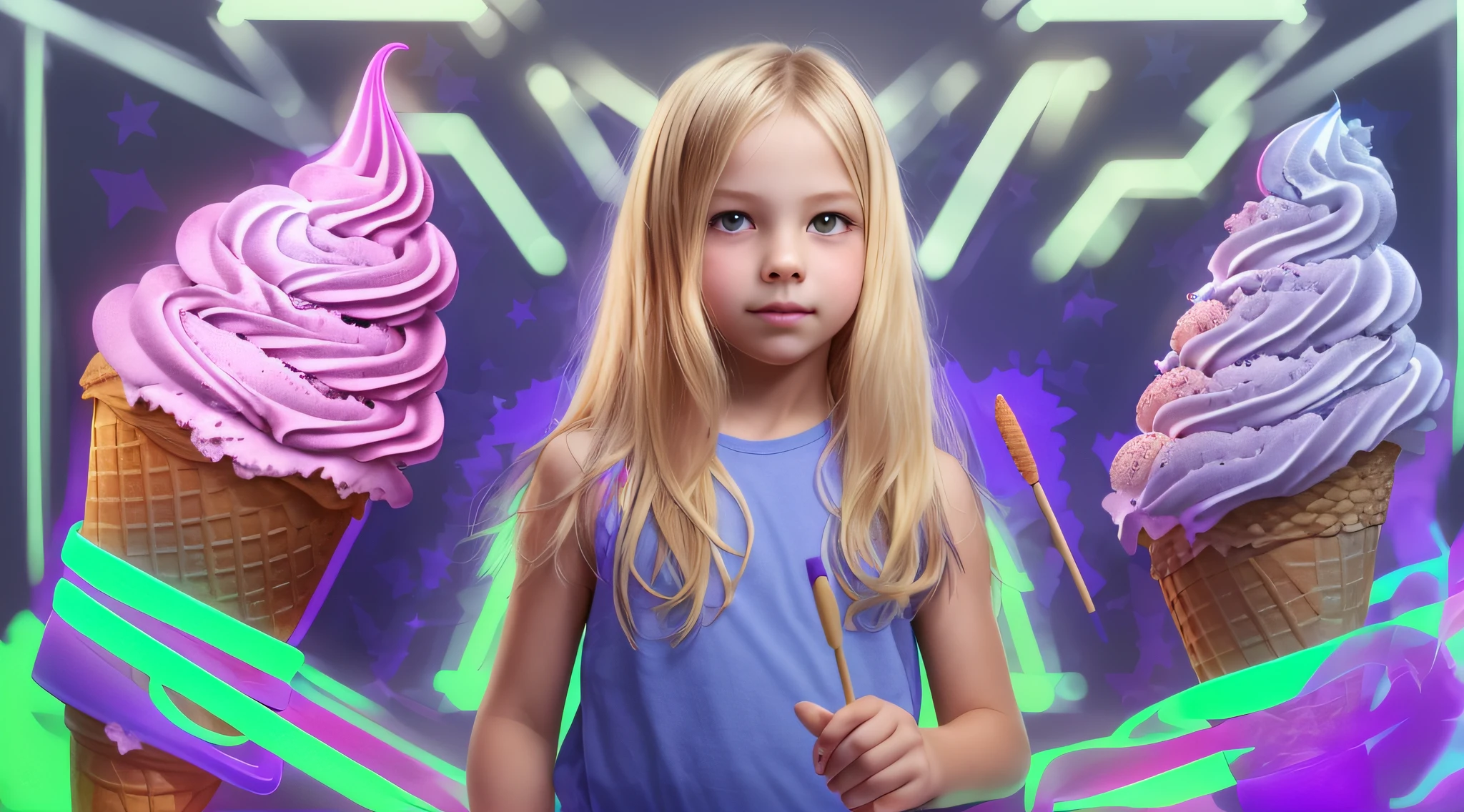  Russian child girl long BLONDE hair, close up, PORTRAIT, purple ice cream on a toothpick on a white background, purple, some purple, purple neon colors, neon purple, purple. smooth leg, neon purple, ice cream, ice cream cone, unknown, purple hue, ((purple)), color purple and blue, purple drunk, grape, ultraviolet colors, purple color, purple tubes, 1 0 0, 100