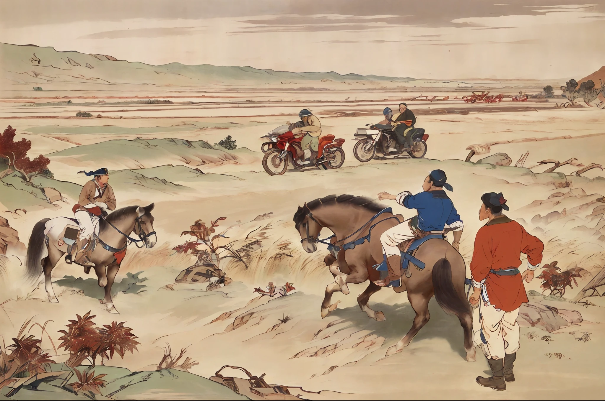 Motorcycles, Honda's Motorcycle,((top-quality)), ((masterpiece)), (detaileds), multiple boy, fights, plein air, battle posture,amy,equine