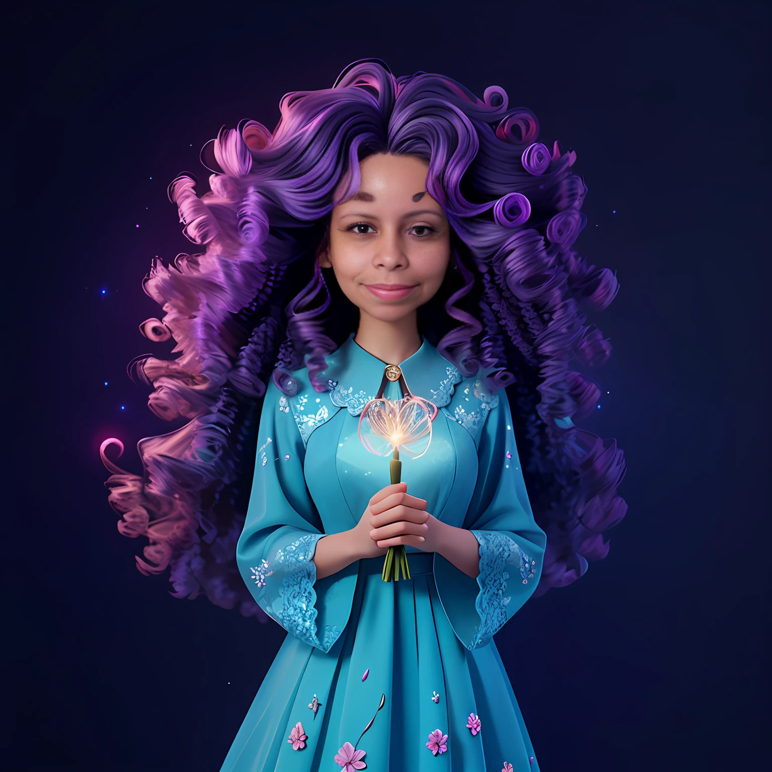 A curly-haired woman stands in a field of magical flowers. Each flower glows with vibrant colors and emitting a soft glow, creating a mystical environment. The twinkling stars in the night sky are reflected in the woman's curls, adding a touch of magic to her hair. She seems to be connected with nature and the cosmic energy around her, emanating an aura of power and charm.