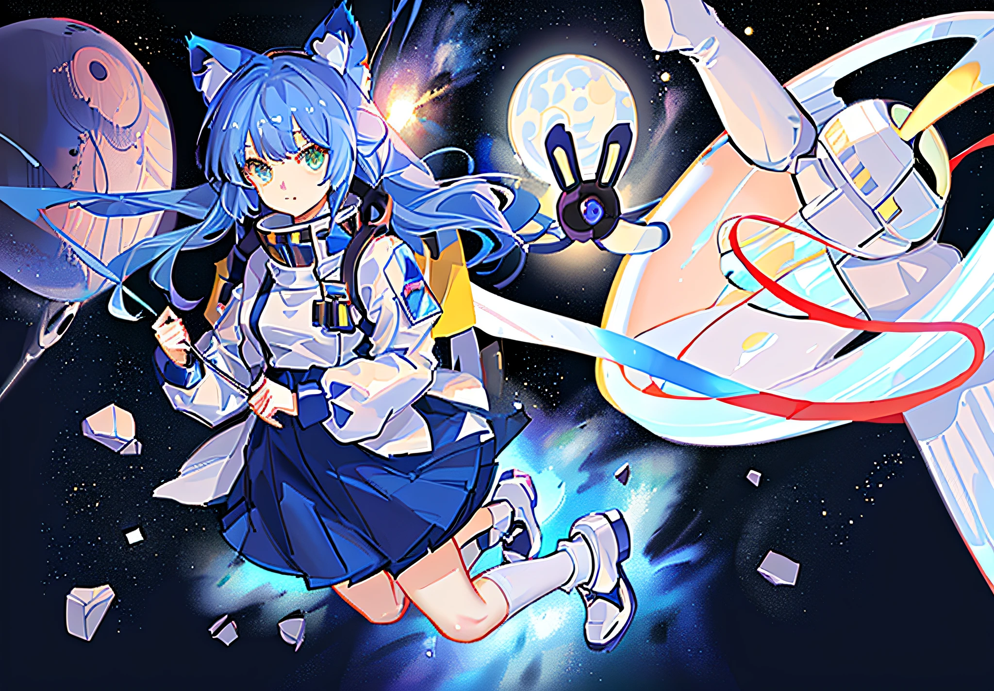 Anime girl with blue hair and white dress holding a kite, portrait anime space cadet girl, lunar themed attire, space molly, girl in space, zerochan art, in a space cadet outfit, anime moe art style, anime girl with cat ears, White Cat Girl, High Quality Anime Art Style, In outer space, In space, cute anime catgirl,rich background