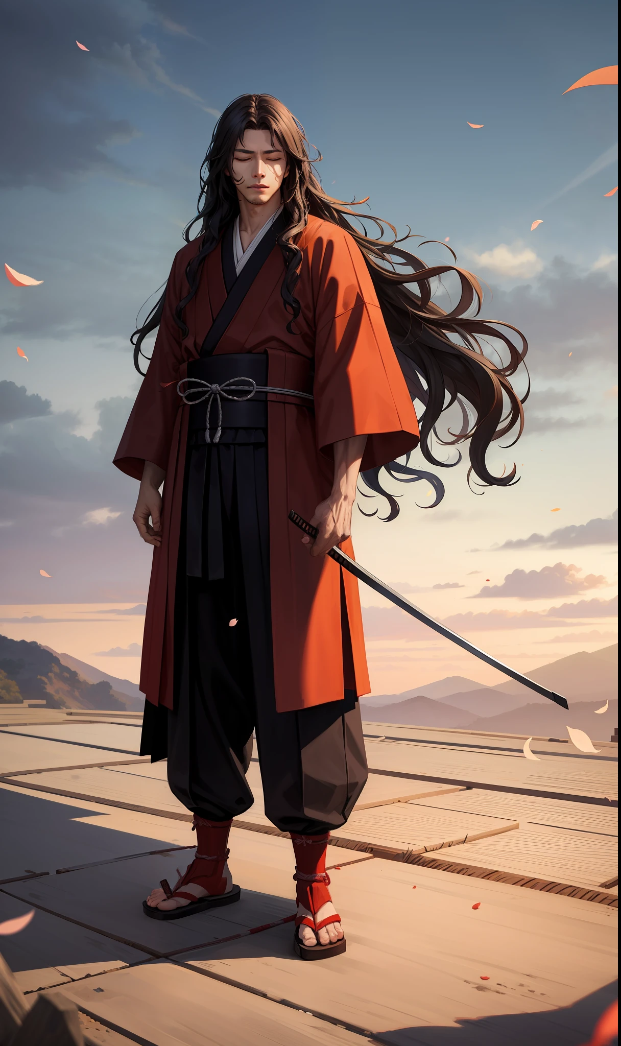 masterpiece, high quality, best quality, beautiful, hd, realistic, perfect lighting, detailed face, detailed body, (1 man), black long hair, wavy hair, (red samurai clothes), samurai, standing, closed eyes, wind, (sakura),sakura petals, (brutal), courageous, full body