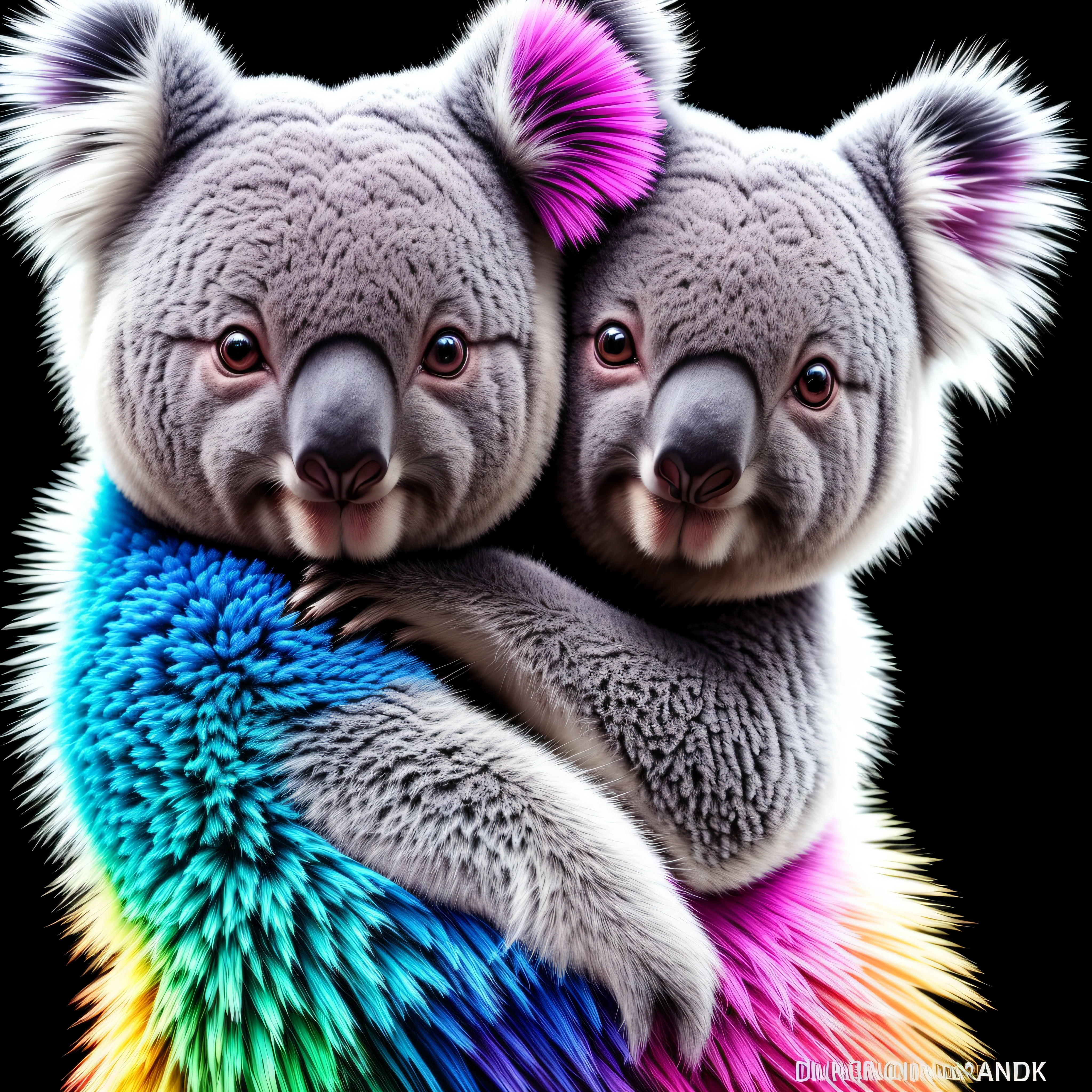 Painting of a colorful koala on a black background, breathtaking rendering, dans une connexion rayonnante, inspired by Kinuko Y. Trade,, Magical elements, Koala icon, pleurage, est magnifique, lancer un sort multicolore, Flash lumineux, Flash, 8k, ccurate, Best quality, award winning, High Details --auto