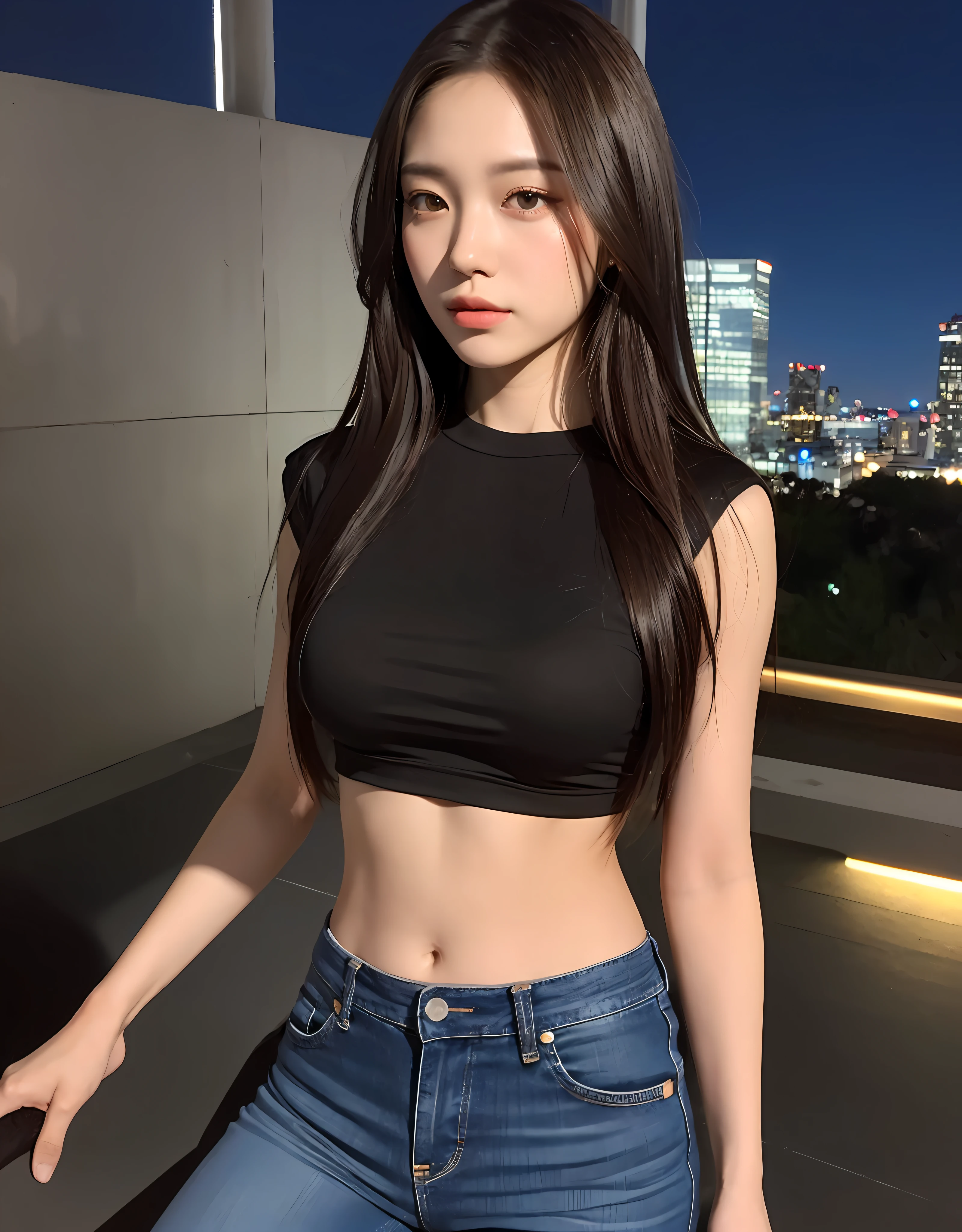 (Midnight, Acura, 8K, Masterpiece: 1.3)), Upper body, Focal length: 1.2, Perfect Body Beauty: 1.4, Slim Abs: 1.1, ((Dark Brown Hair, Big Breasts: 1.2 )), (Skinny T-shirt, Jeans, Standing: 1.2), ((City Night, Roof: 1.3)), Highly detailed face and skin texture, Detailed eyes, Double eyelids