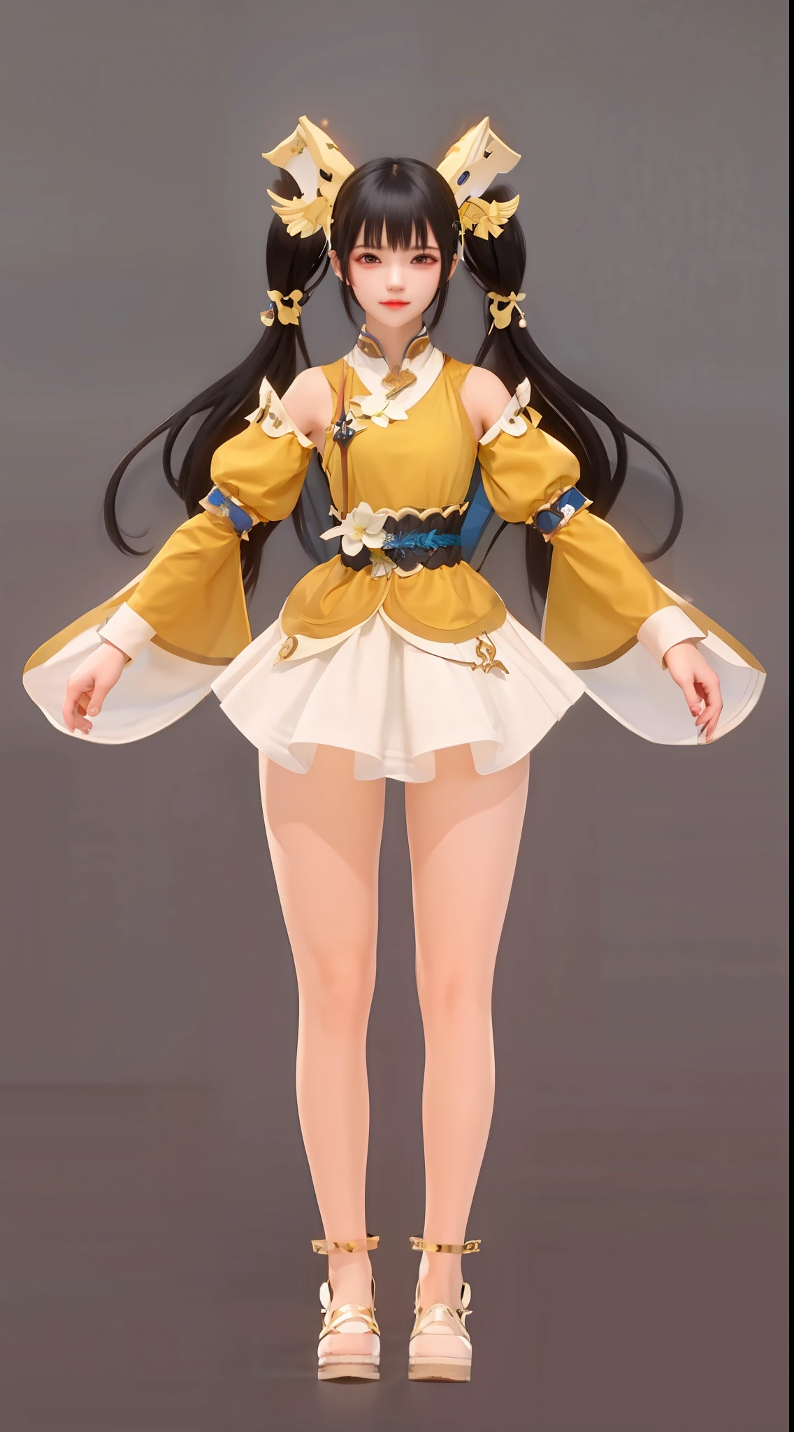 dual horsetail，head gear，adolable，prette，with a calm expression，Yellow clothes，offcial art，Unity 8k壁纸，ultra - detailed，Aesthetics，tmasterpiece，best qualtiy，realisticlying，illuminating，Frankness，photore，A high resolution，4k，8k