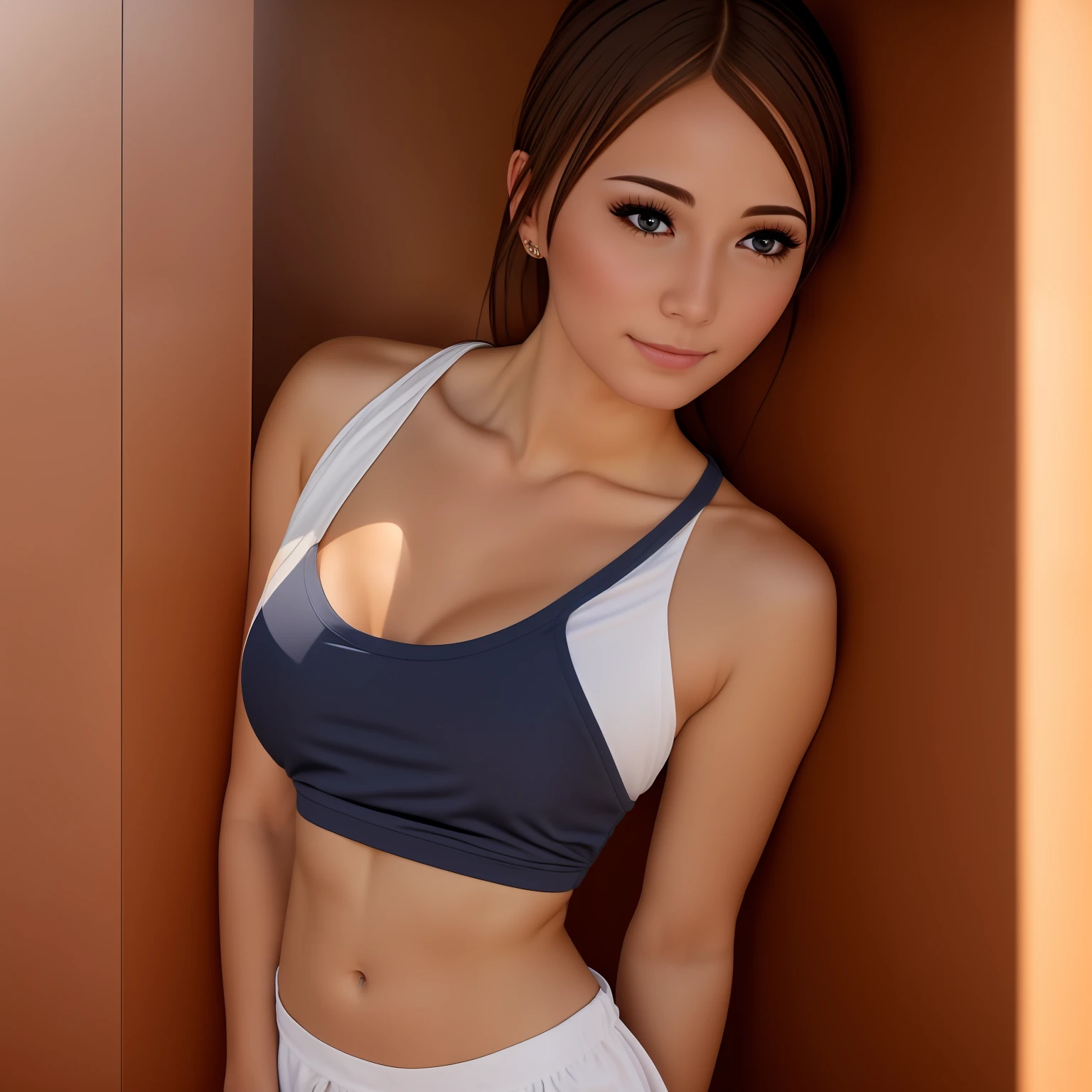 1 girl, a Beautiful idol, (Cute Loose Bob hair), (casual clothes), (showing midriff), (toned stomach), (small ), (bedroom), symmetrical eyes, ultra highres, photorealistic, 8k, hyperrealism, dramatic lighting, photography, physics-based rendering, ((full body)), best quality, ((realistic photo)), (detailed face), (8k, RAW photo, highest quality, masterpiece), High detail RAW color photo professional close-up photo, (realistic, photo realism:1. 5), (highest quality), (best shadow), (ultra high resolution, highly detailed CG unified 8K wallpapers), (aegyo sal:1), beautiful detailed eyes, (eyelashes:1), 123, chinese doll, hkgirl,