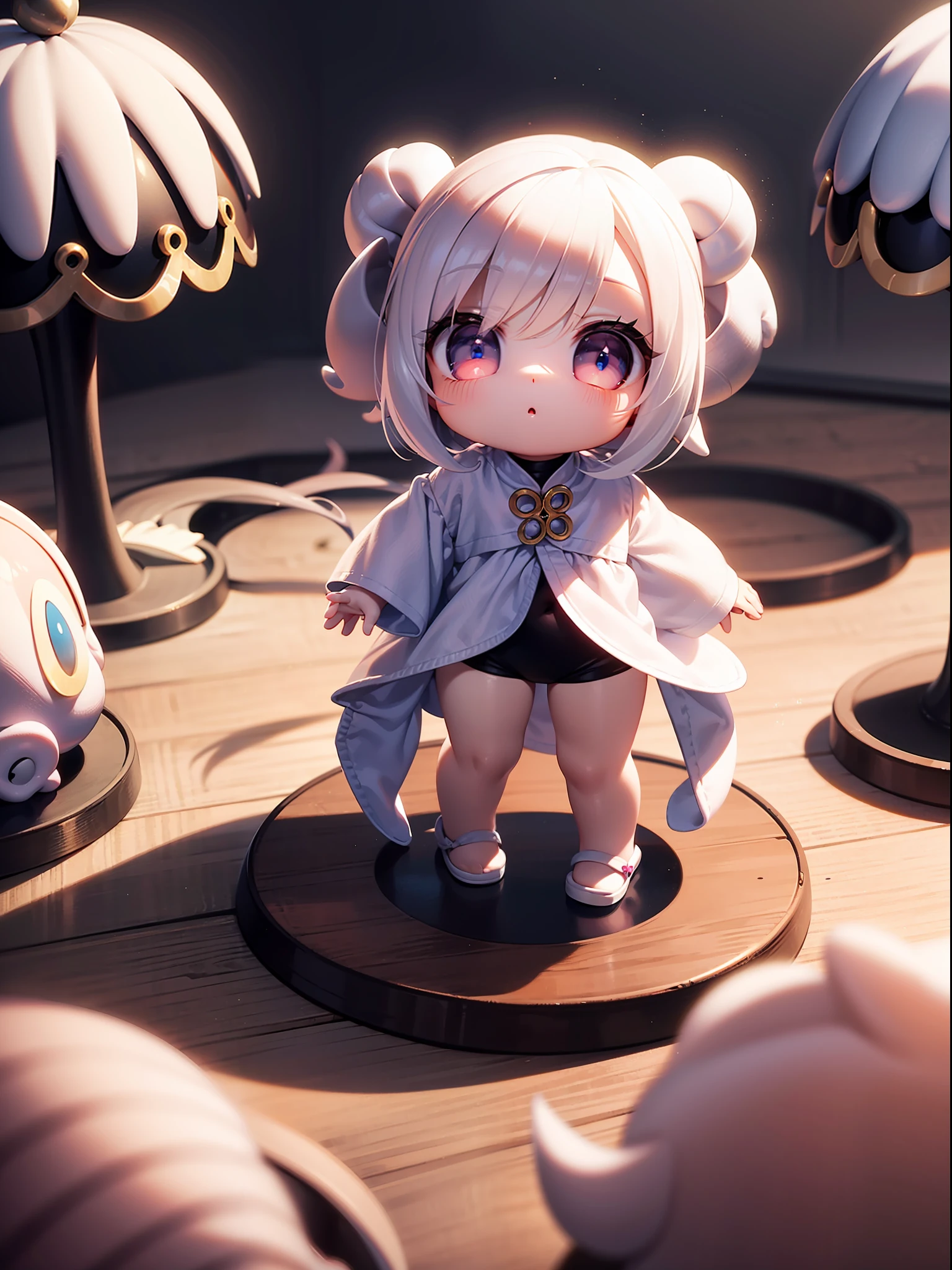 PopMart blind box IP,A cute,White robe doll close-up,Young angel style,Wear long, fluent clothes,Phlegm,Poseran dolls,small person;Unreal Engine5,Streamline 3D/C4D production:8K HD quality/illuminating/Ultra-detailed lens depiction1.5,flawless perfection,Chibi background/SENSE OF CINEMA。Octopus tentacles on the back,octopus tentacles,Standing on a reef on the surface of the sea