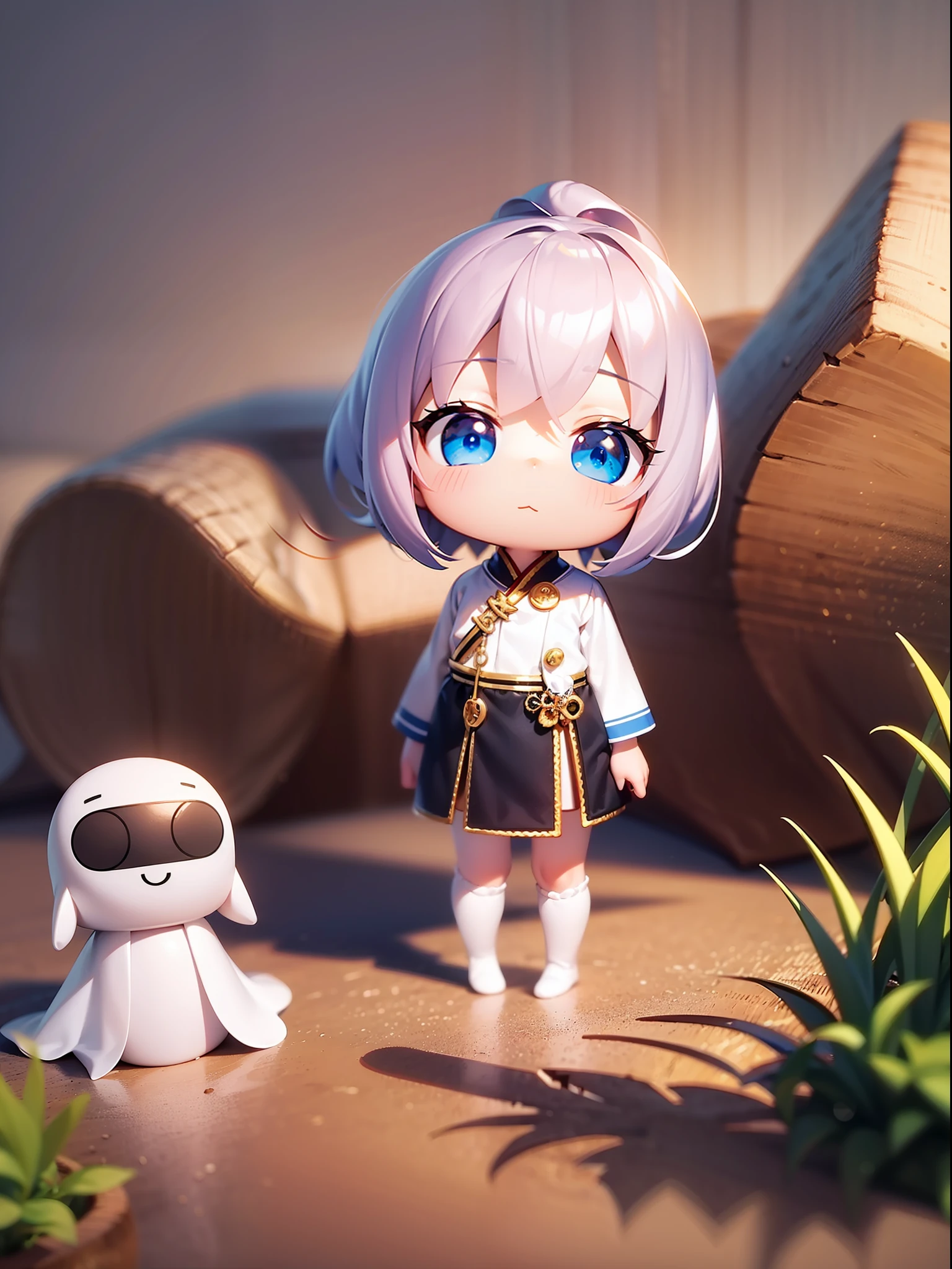PopMart blind box IP,A cute,White robe doll close-up,Young angel style,Wear long, fluent clothes,Phlegm,Poseran dolls,small person;Unreal Engine5,Streamline 3D/C4D production:8K HD quality/illuminating/Ultra-detailed lens depiction1.5,flawless perfection,Chibi background/SENSE OF CINEMA。Octopus tentacles on the back,octopus tentacles,Standing on a reef on the surface of the sea
