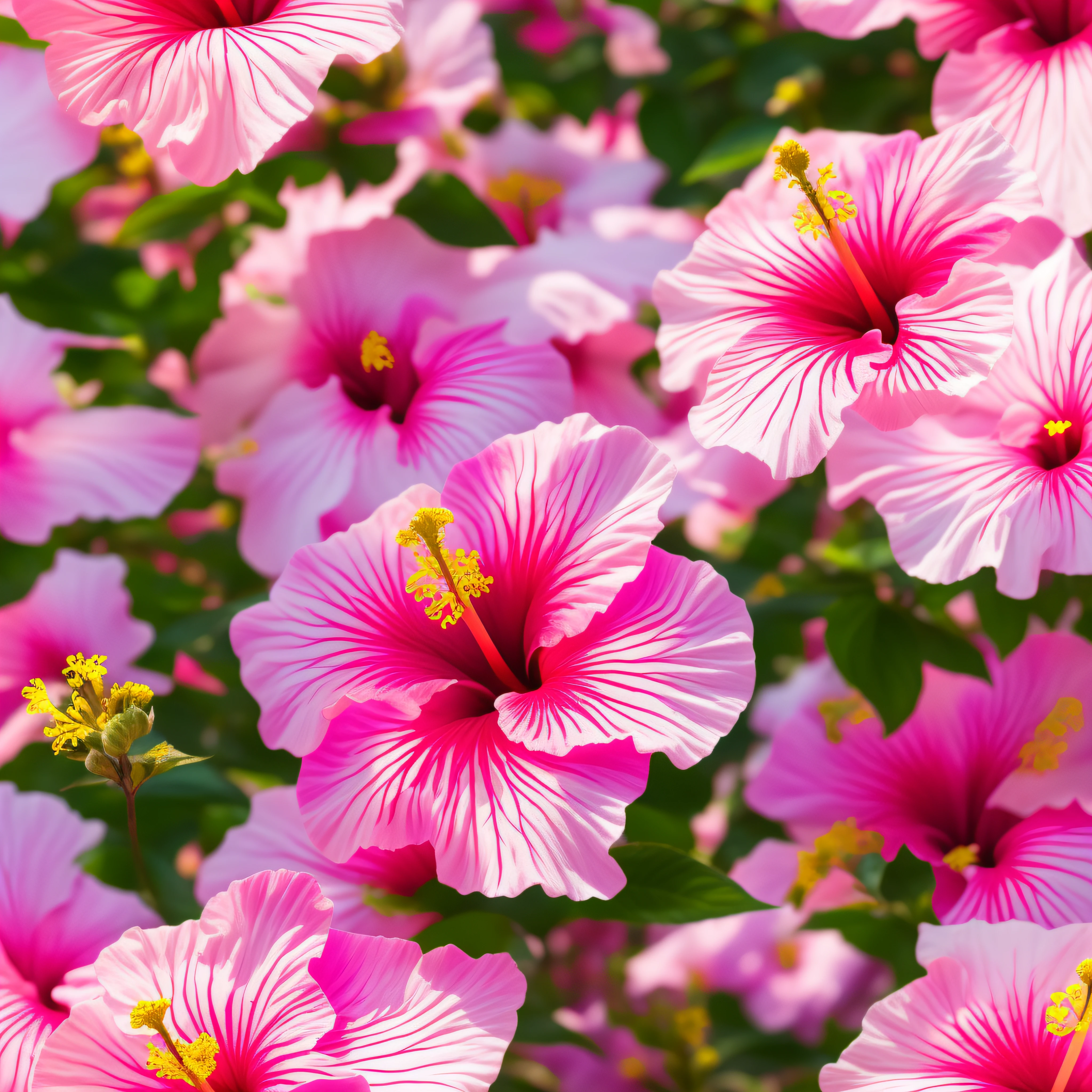 hibiscus in bloom, flower garden background, Vivid colors, white and pink, Color Grading, dslr, shot on 35mm, Direct sunlight, shadow effects, f/18, Low angle, 8k, Photorealistic, Hyper detailed, Close-up, Uplight