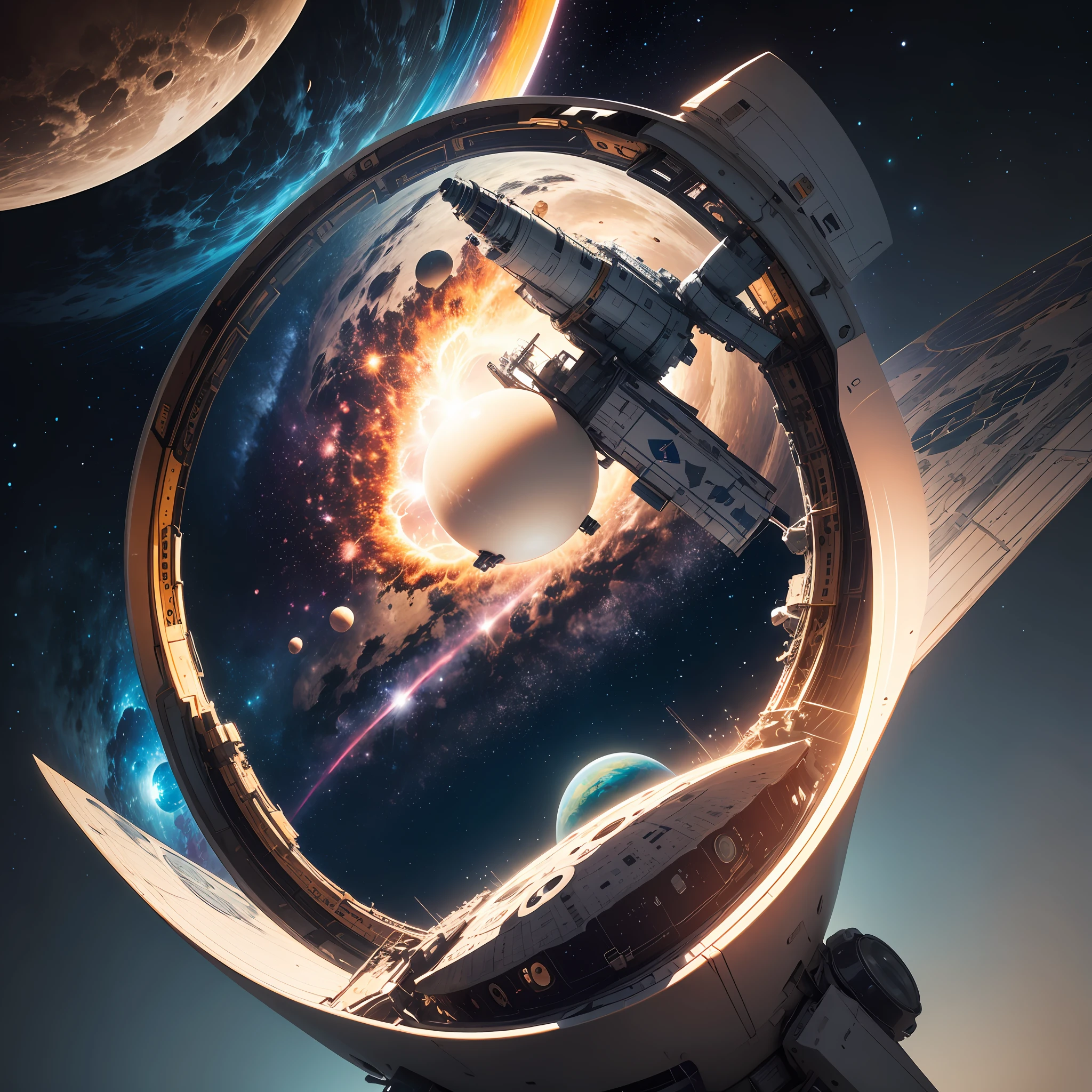 "space exploration": Develop an image that depicts a space exploration scene, com astronautas em trajes espaciais, naves espaciais e planetas distantes. Use vibrant colors and add realistic details to the stars and planets to create a captivating impression.
Remember to consider the printing technique and color palette that will be used to ensure a very high quality in the shirt print. --auto