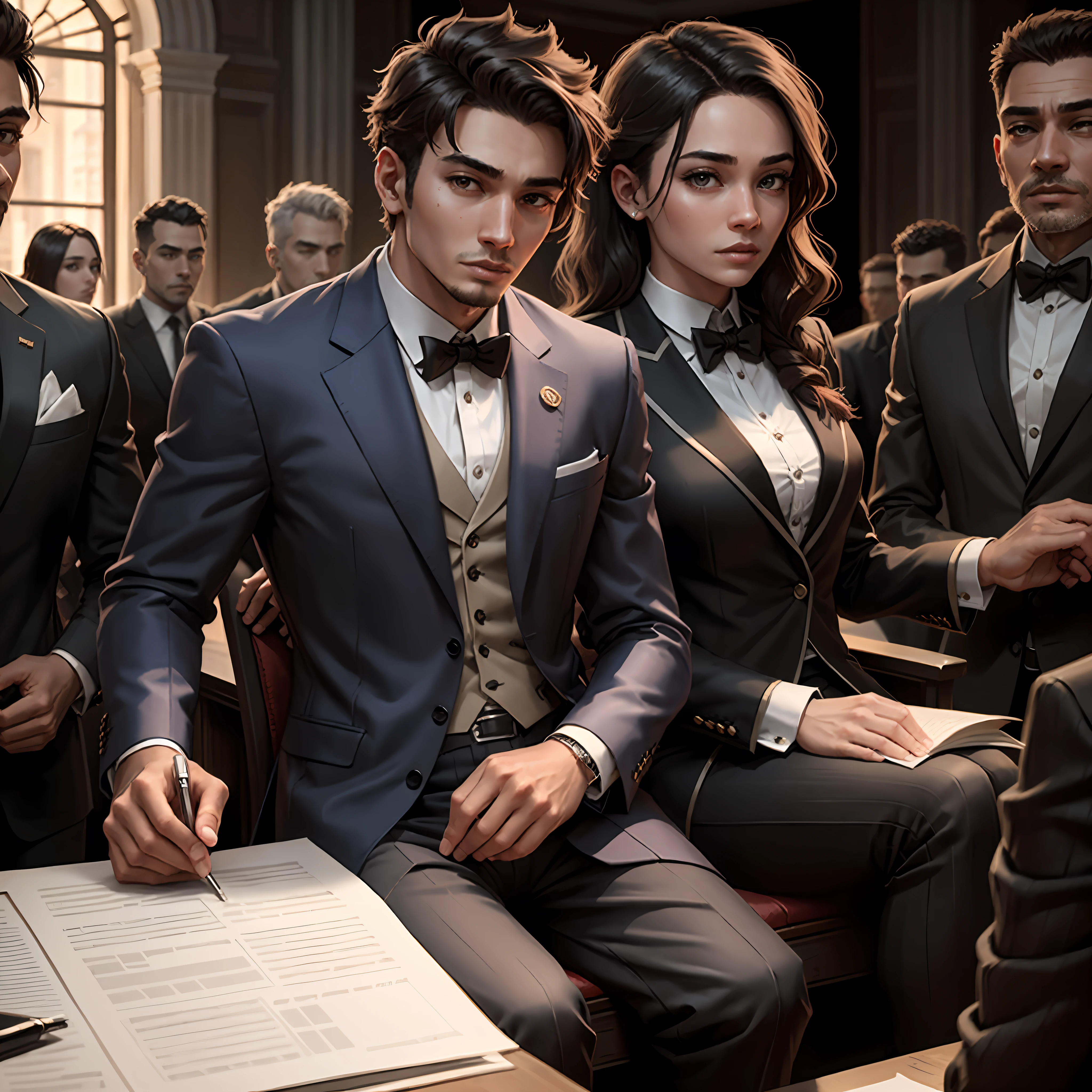 in her 20s， masculine1.5，Young person， Handsome， Merchant， entrepreneur， president， Business suit ，Lawyer ，court room，Trial，debate