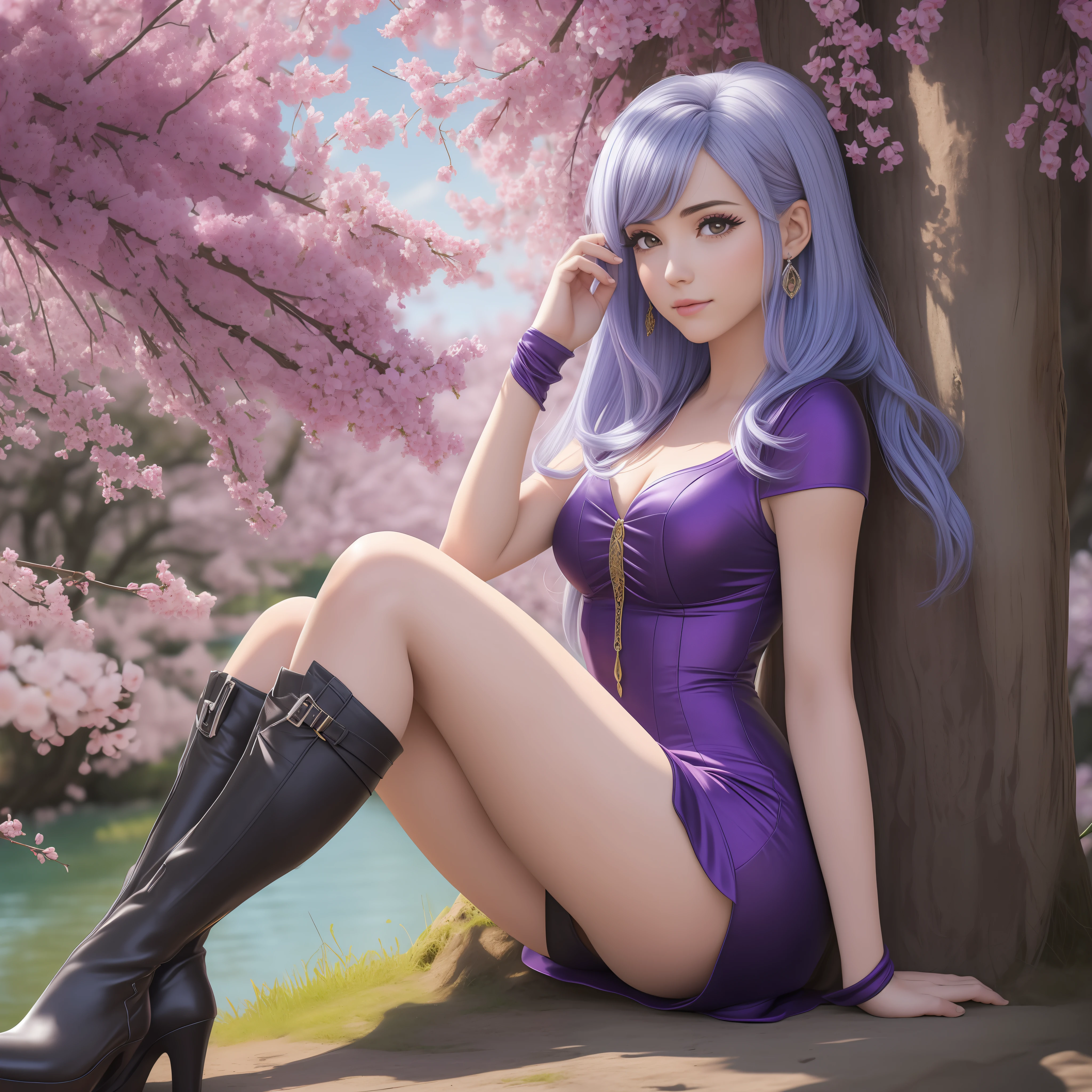 A 20-year-old girl surrounded by cherry trees,
cuerpo completo visible, 
luz del sol,
dia caluroso,
vista desde abajo,

edgScene purple,
cabello (liso plano),
cabello medio,
pelo de cola de caballo,

ojos morados,

gargantilla,
(pechos enormes: 1.1),
sin sujetador,
(vestido, plateado),
(dedo del pie de camello, Cameltoe, en forma de,
Muslos grueso,
(mascara),
pies sumergidos en el rio,  
(botas largas, tacones altos),
(obra maestra, mejor calidad), sthe highest qualit, CinematicLight, 4k,