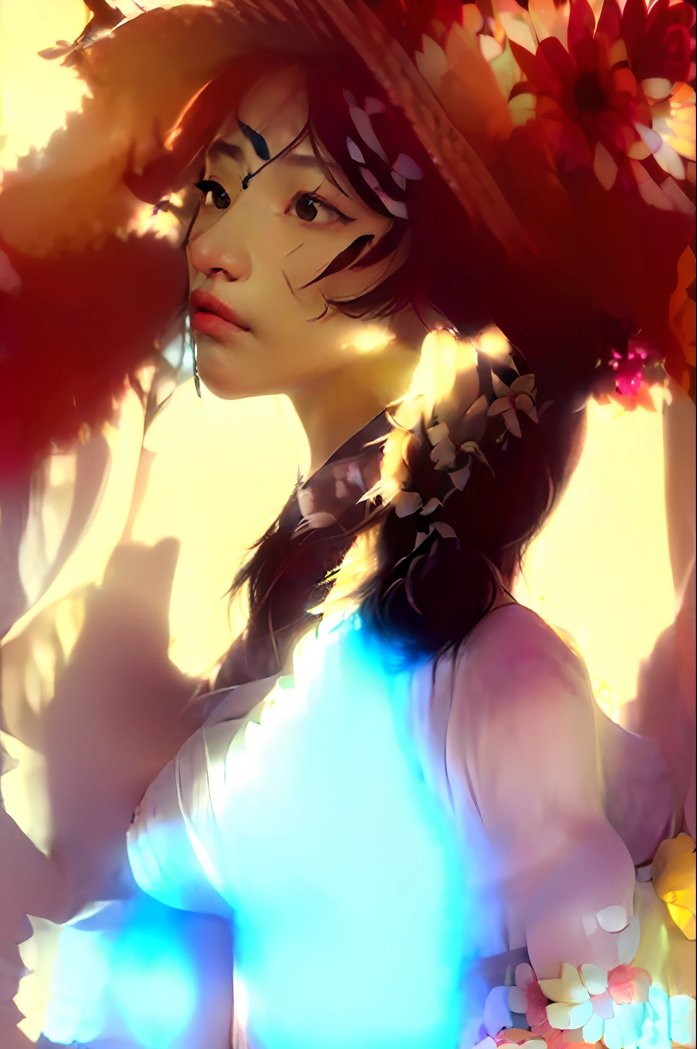 (extreme close up:1.5), (face focus:2),(Style of ???? ???:1.5),
((side face:2)),(1girl surrounded by soft_light:1.5), (backlighting:1.8), (lighting),(flowing fabric:1.3), ((Floral_summer_dress:1.5),(Straw_hat:1.3)),
(masterpiece), realistic, HDR, highly detailed, 8k, raw photo,
ambient occlusion, natural, harmonious composition, warm tones, fine art photography,