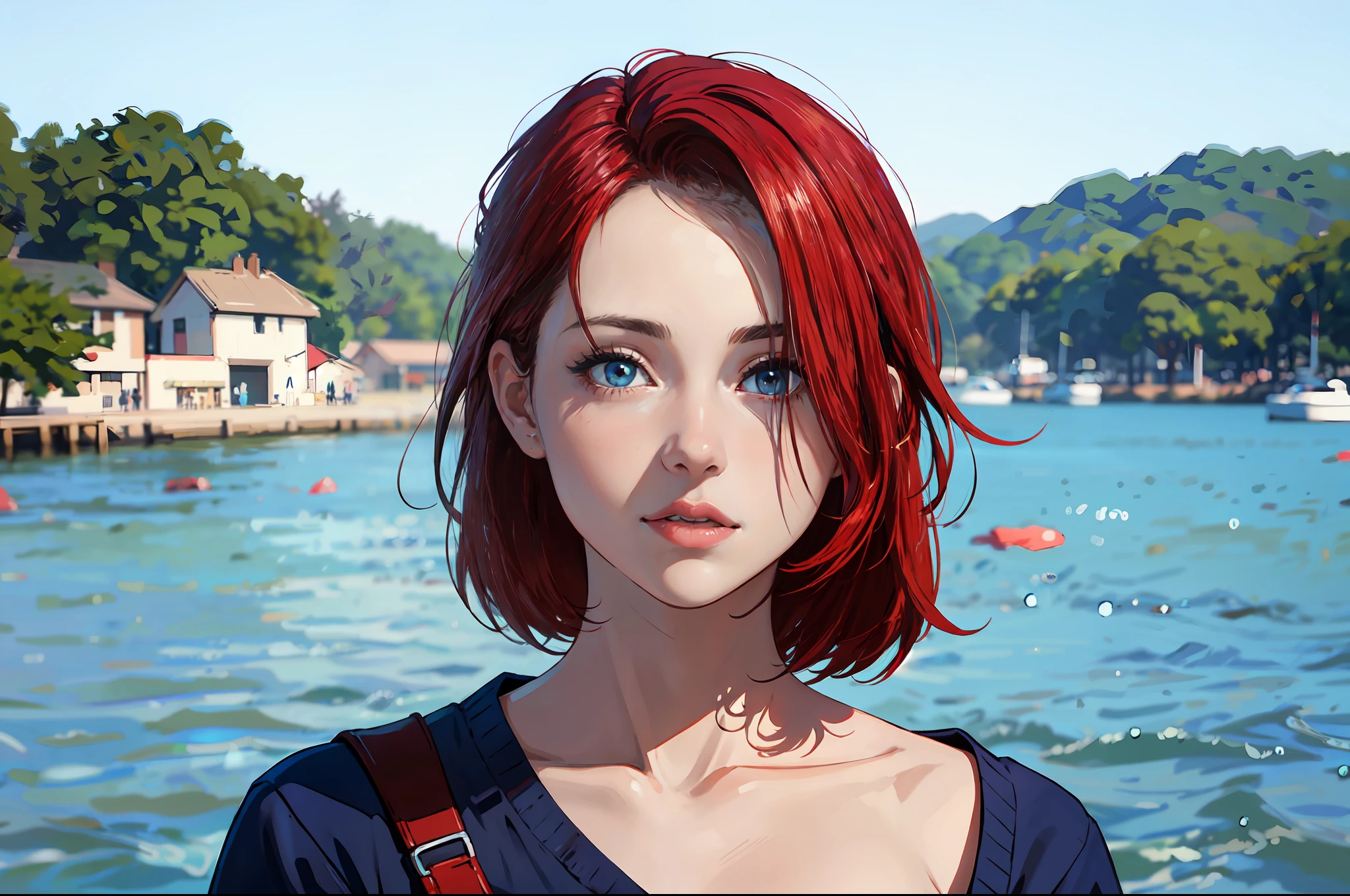 there is a young woman with a short hair and a blue shirt, a redheaded young woman, perfectly centered portrait, 7 0 mm portrait, red haired young woman, 4 k asymmetrical portrait, head centered portrait