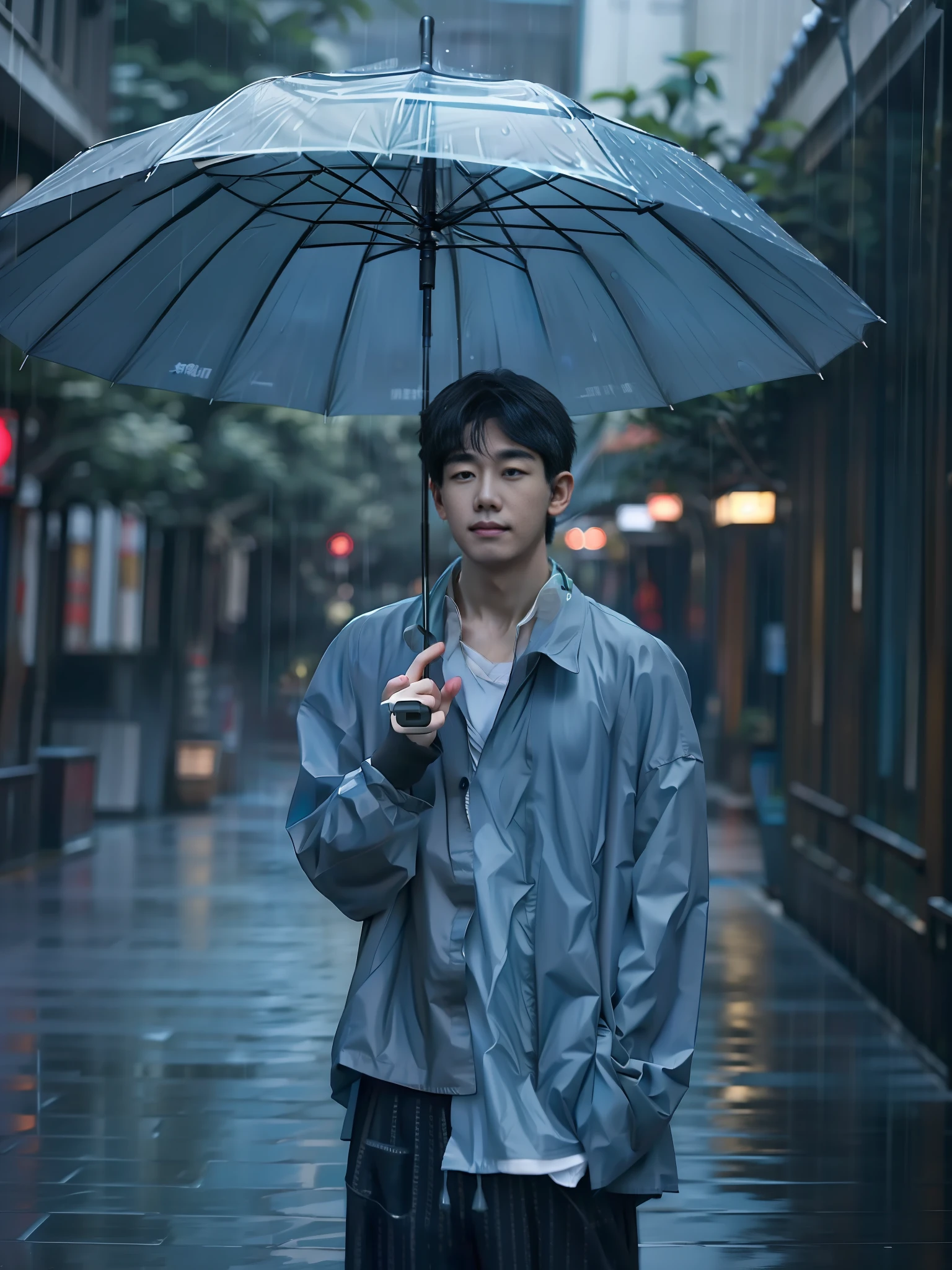 Asian boys, Umbrella in the rain, Snapshot style, Aesthetic, onii kei, Captivating gaze style, yosuke ueno, Pictorial drama, snapshot, Aesthetic, Rei Kamoi, Douglas Smith, Dark gray and light blue, strong facial expression，Photo shooting。 --auto