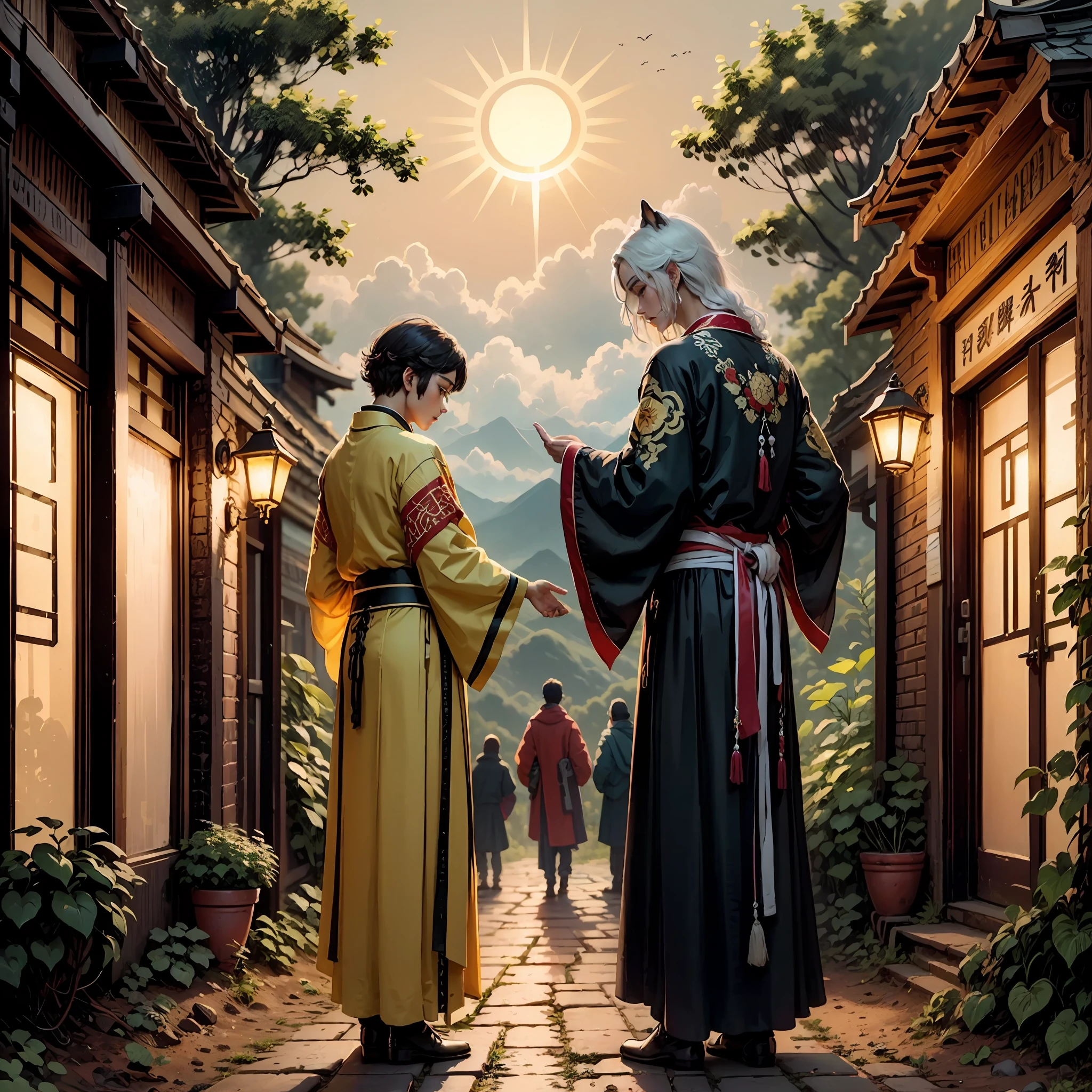 One guy,Chinese style buildings,Libido boy, suns, 独奏,mont,Python robe ,sabre, Hanfu, Chinese clothes, long whitr hair, Eau, bamboo forrest, exteriors, Skysky , brunette color hair,Cold-blooded, mont, clouds, halter, obi strip, standing on your feet, Black Hanfu, Sun, The tree, Reflectors, short detailed hair, mostly cloudy sky, tmasterpiece,(Very detailed CG unity 8K wallpaper),best qualtiy,,独奏,Libido boy,cinmatic lighting,detailed back ground,beatiful detailed eyes,Bright pupils,(Very fine and beautiful),(Beautiful and detailed eye description),ultra - detailed