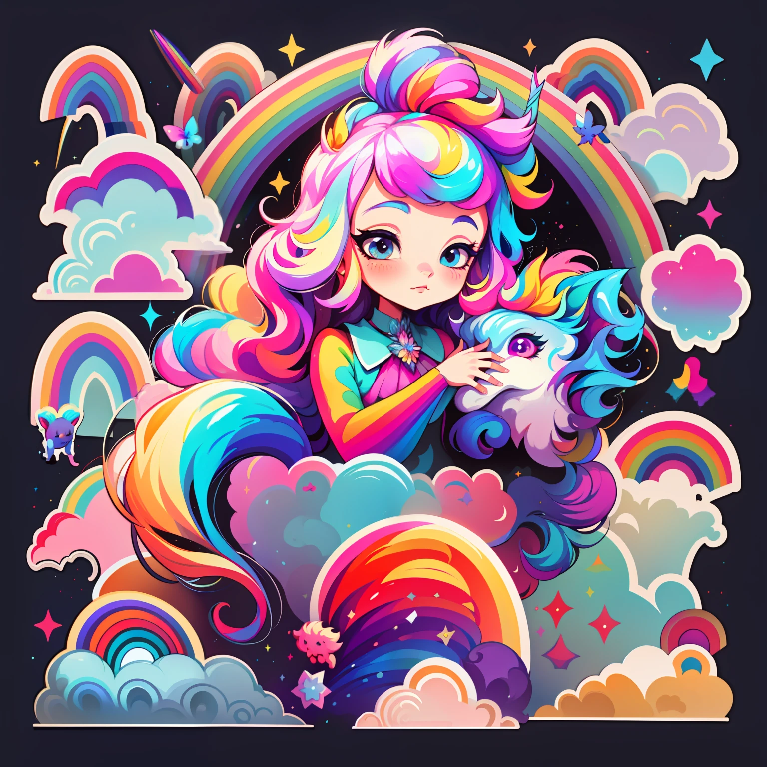 adesivo,1girl, fundo simples, menina com cabelo longo, Beautiful unicorn girl, unicorn aesthetics, Beautiful girl, arte de fantasia muito bonita, Beautiful and elegant female unicorn, bela fantasia detalhada, rainbow color pallet, rainbow color-theme