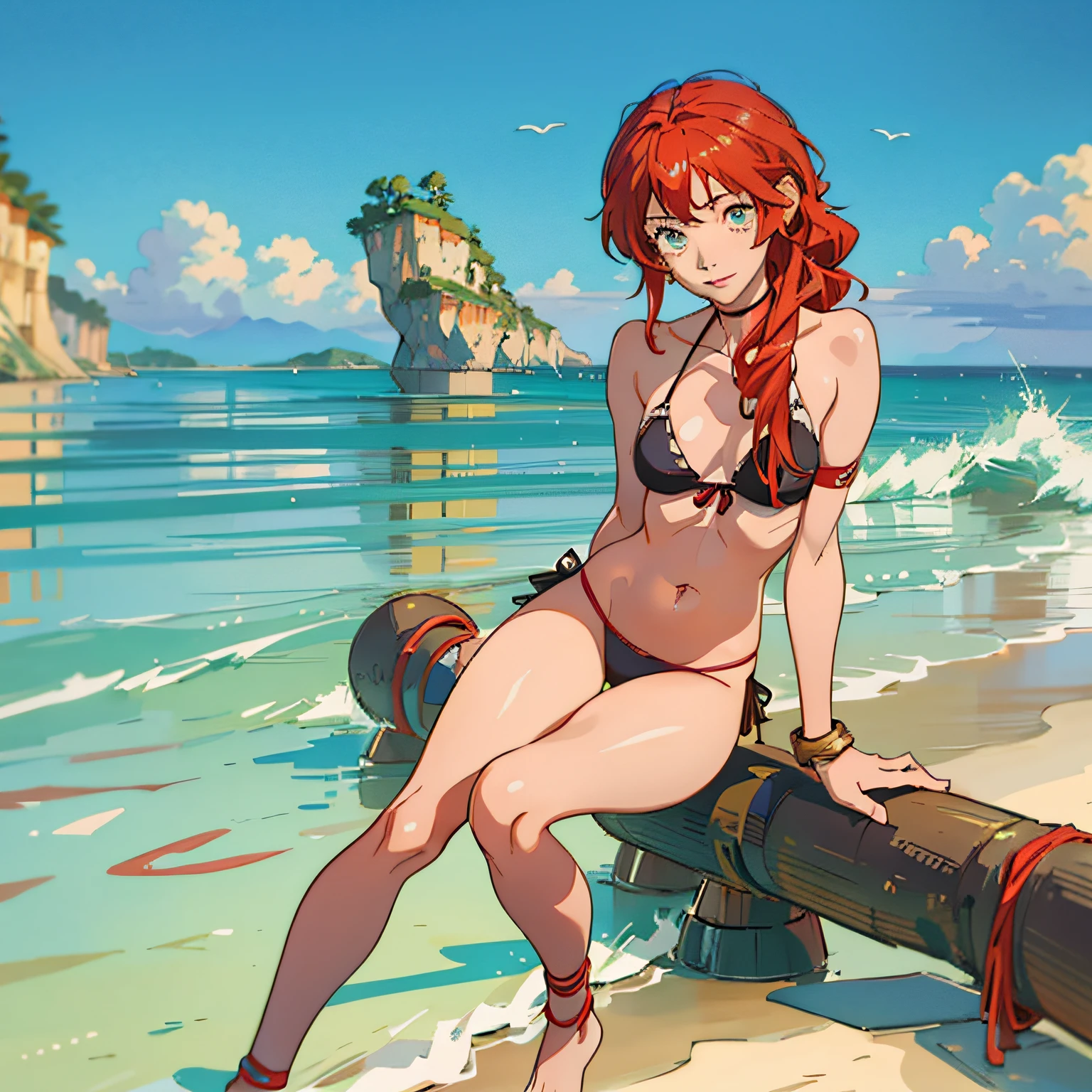Anime girl in a bikini sitting on the beach with a red hair, silver bikini, Rei Ayanami, Realistic bikini, mulher de cabelo vermelho curto, menina anime sedutora, [ Arte Digital 4K ]!!, anime golden water wallpaper, Ayanami, roupa de banho, | Anime de detalhes finos, Arte Digital Anime, Arte Digital Anime detalhada, salto alto preto, sorrindo, olho verde claro, batom vermelho escuro, de quatro, rosto de uma americana, com salto alto --auto