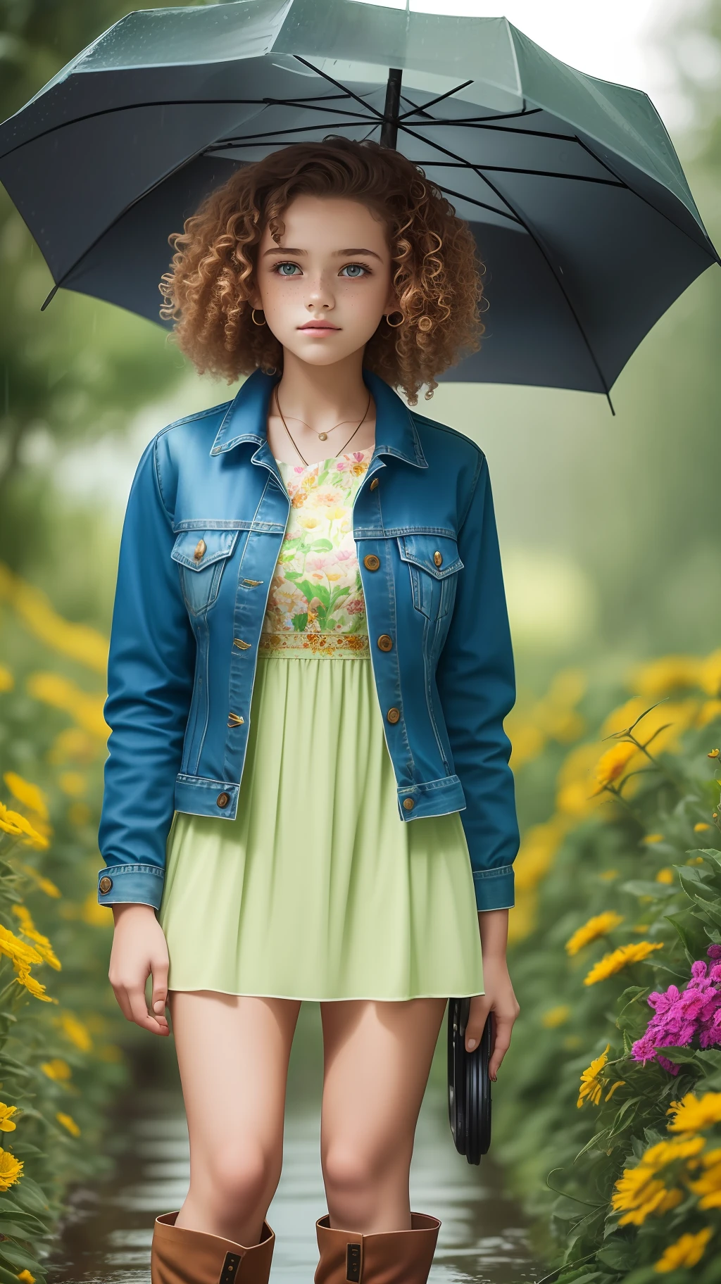 Girl, , full body, in a long Red dress, wearing boots, a denim jacket, brunette with short curly hair, green eyes, freckles on her face, bottom-up camera angle, background Brightly colored flower garden, rainy weather, 8k HDR, ultra realistic