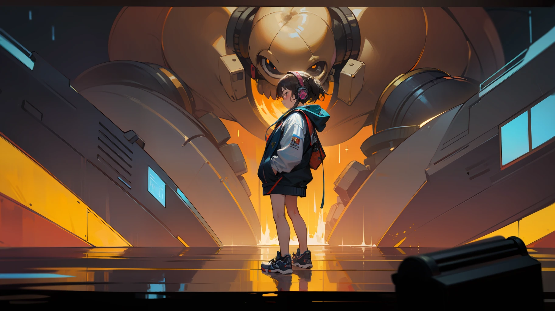 girl, immersed in the rhythm of her favorite music, (bottom-up view), (oil painting effect), wearing headphones, wear a jacket and sneakers, (High quality masterpiece), giant monster in the background, underwear