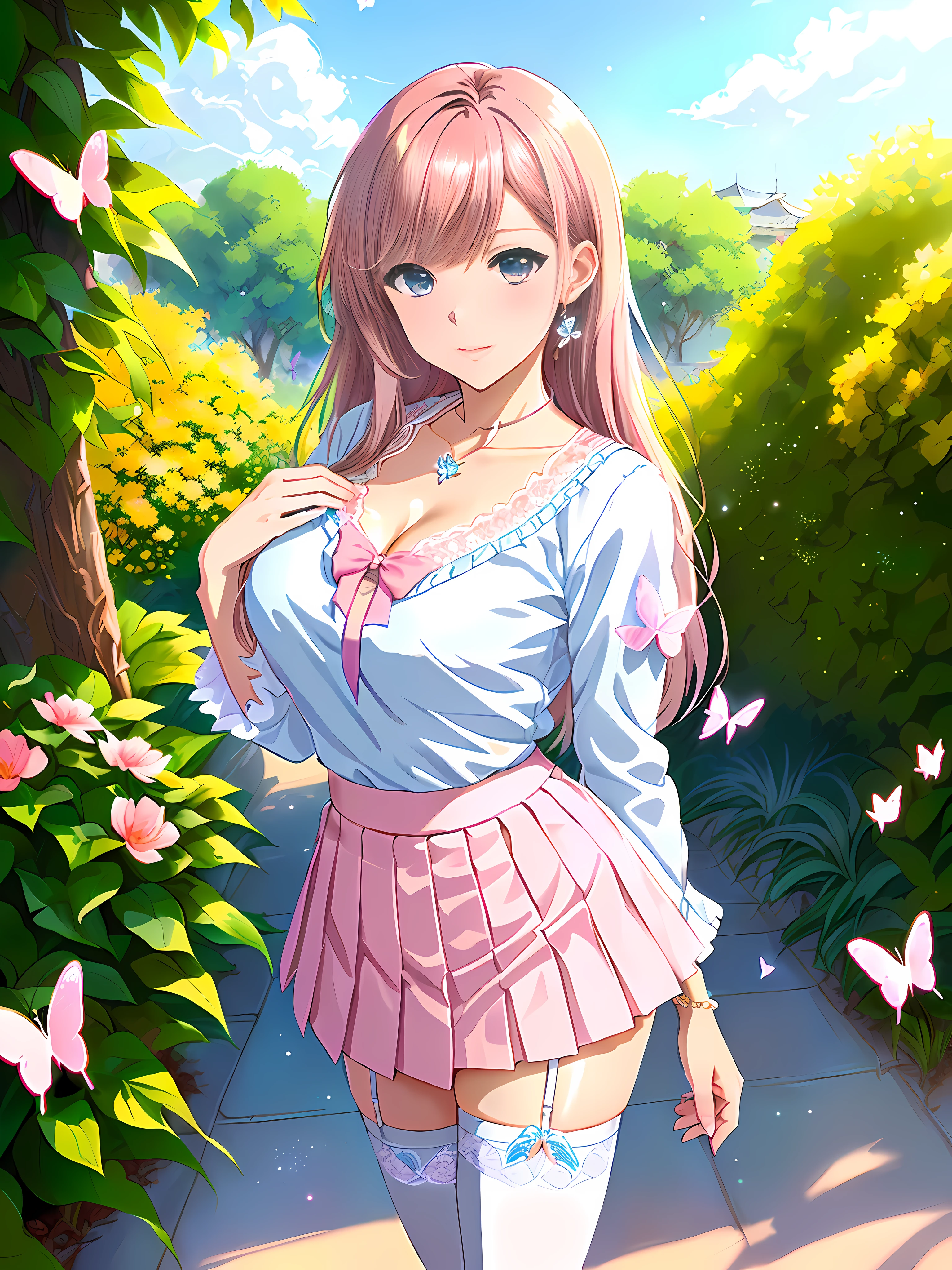 Spring, in the garden of a beautiful house in the city, model women, big chest, white skin, honey-colored eyes and long hair colored pink, beautiful gradient, Full body, Beautiful anime style girl, clean detailed facesKawaii, anime girl, vigorous pose , massive chest, (((pink V-neck blouse with lace and neckline, sky blue mini skirt with pleats and butterfly patterns, white knee-high stockings with diamante embellishments.))), full body, Uhd digital painting, hyperdetailed triadic colors, unreal engine, fantastical, intricate detail, complementary colors, concept art by Kyoto Animation, 8k resolution, oil painting, heavy strokes, dynamic light source, (((perfect high detailed hands, perfect high detailed fingers, beautiful face, high detailed perfect eyes, perfect detailed body))), full body ultra detailed,