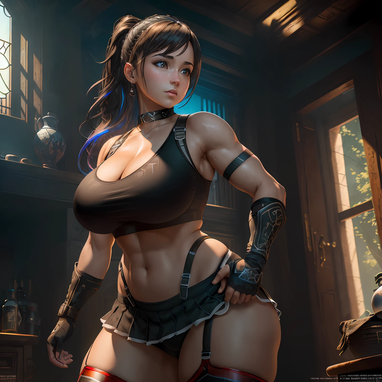 Unreal Engine 5 Realistic Render, (masterpiece, best quality), intricate details, ((Best quality)), ((masterpiece)), ((realistic)), (hyperrealism:1.2), (fractal art:1.2),
1girl, tifa lockhart original costume, underwear black sport bra in white tank top, crop top, arm guards, fingerless gloves, suspenders, pleated miniskirt, black thighhighs, red boots
extreme detailed eyes, colorful, highest detailed,
vibrant colors, high contrast,
(8K UHD:1.2), (photorealistic:1.2), beautiful face, top body is hyperrealistic thicc muscle and hyper largest_breasts!! with the type of boobs_melons, lower is huge buttocks, wet shiny body --auto