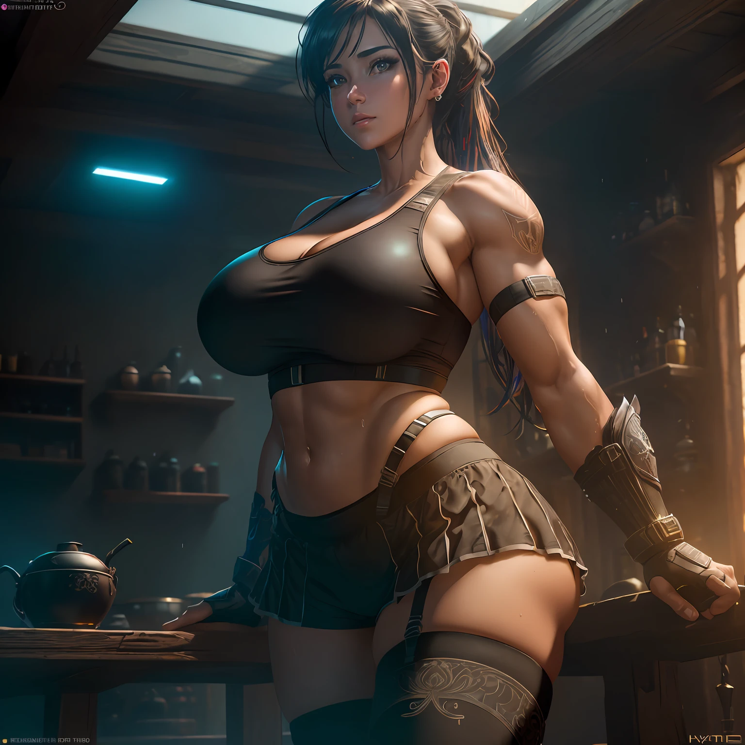 Unreal Engine 5 Realistic Render, (masterpiece, best quality), intricate details, ((Best quality)), ((masterpiece)), ((realistic)), (hyperrealism:1.2), (fractal art:1.2),
1girl, tifa lockhart original costume, underwear black sport bra in white tank top, crop top, arm guards, fingerless gloves, suspenders, pleated miniskirt, black thighhighs, red boots
extreme detailed eyes, colorful, highest detailed,
vibrant colors, high contrast,
(8K UHD:1.2), (photorealistic:1.2), beautiful face, top body is hyperrealistic thicc muscle and hyper largest_breasts!! with the type of boobs_melons, lower is huge buttocks, wet shiny body --auto